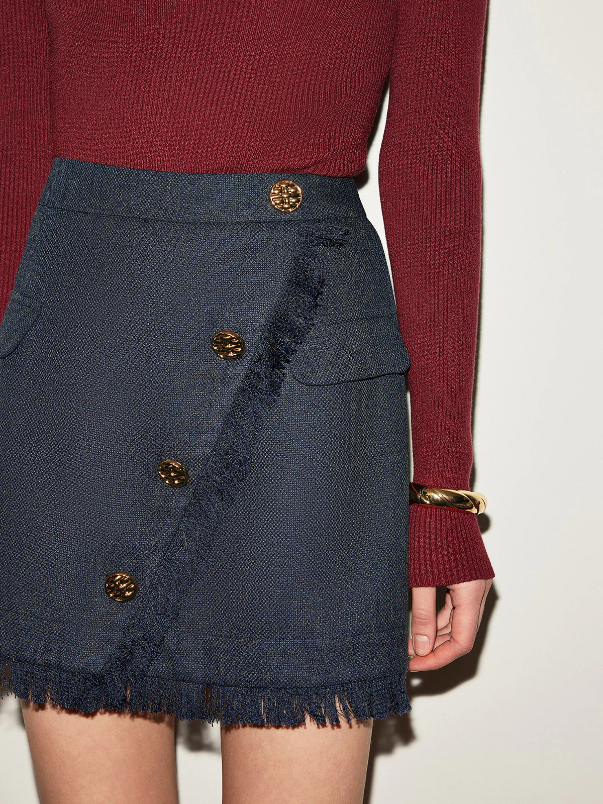 Mid-Waist Tweed Tassel Mini Skirt - Takermore