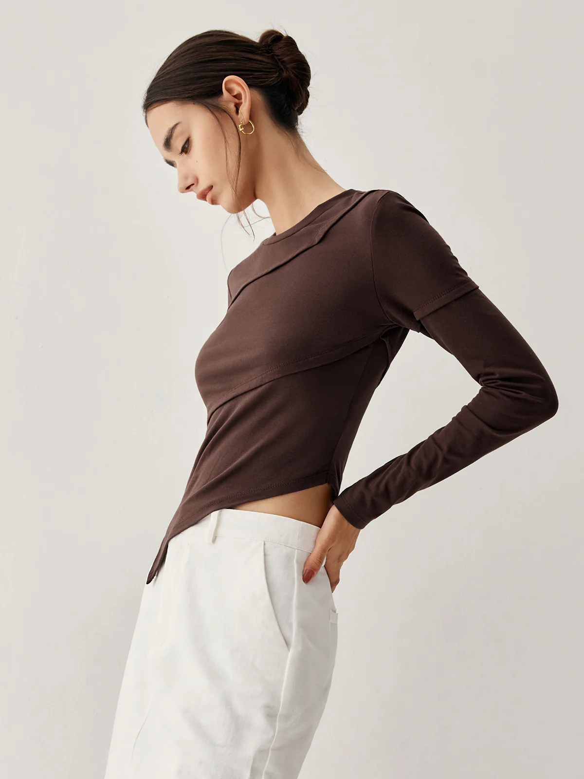 Asymmetric Hem Piping Long Sleeve Top - Takermore