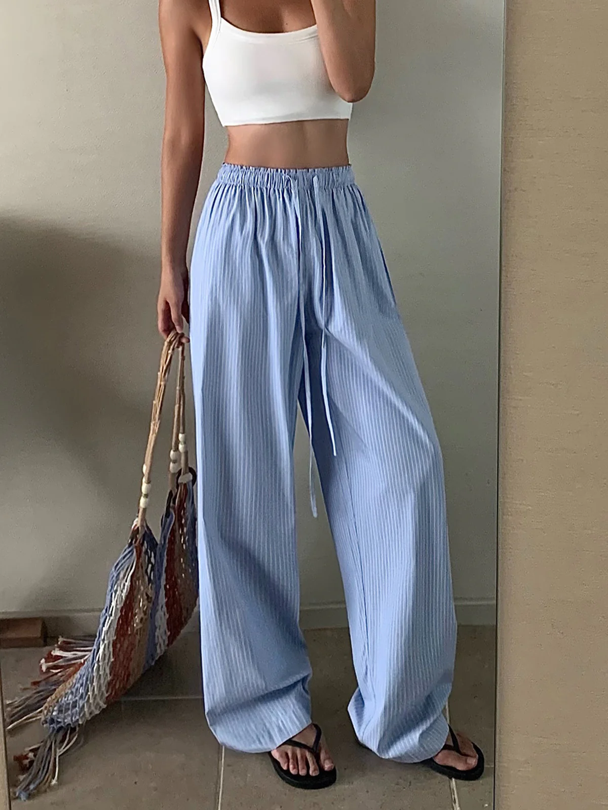 Pinstripe Drawstring Wide-Leg Pants - Takermore