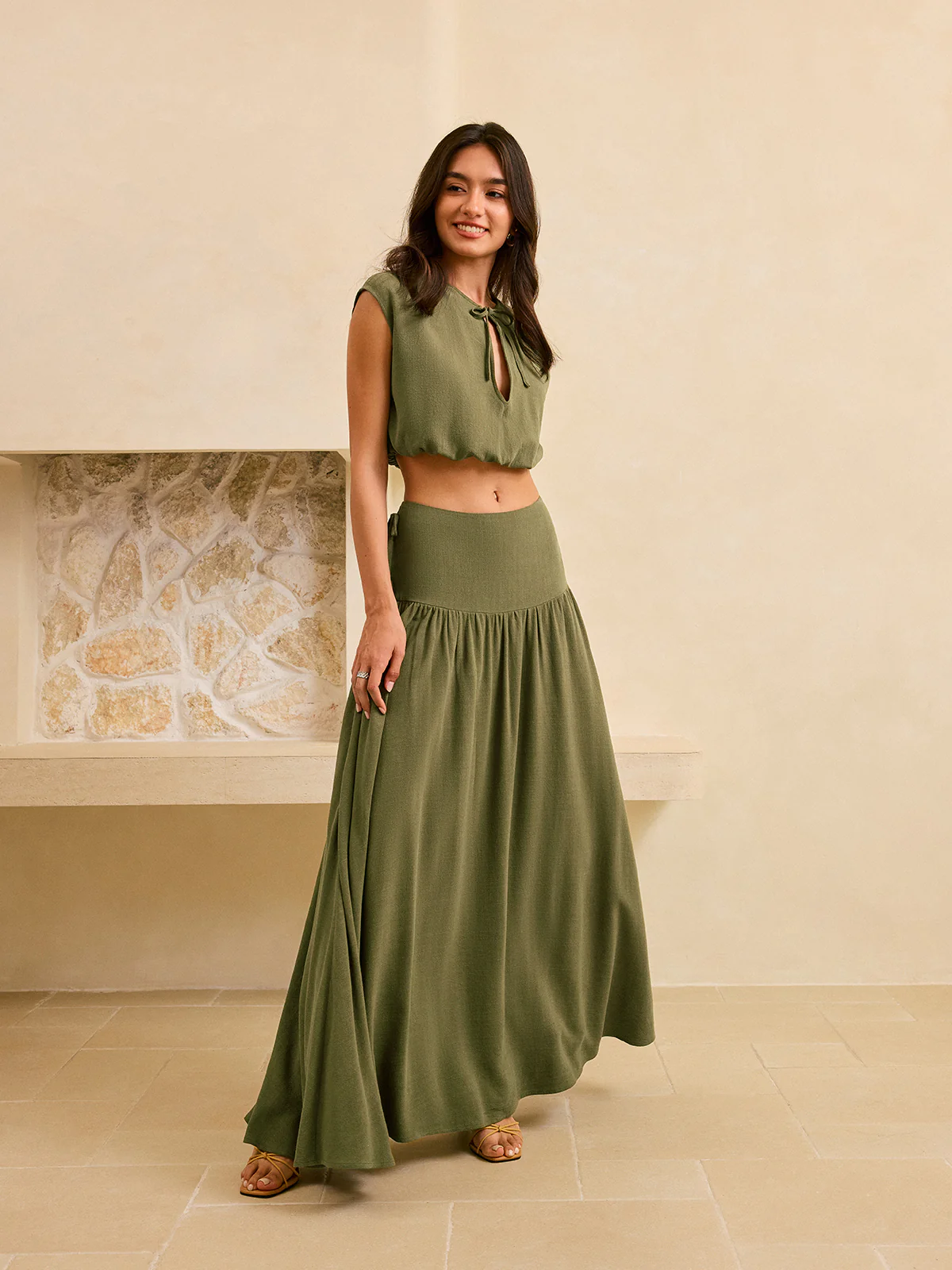 Tie-Detail Crop Top and Maxi Ruffled Skirt Set - Takermore