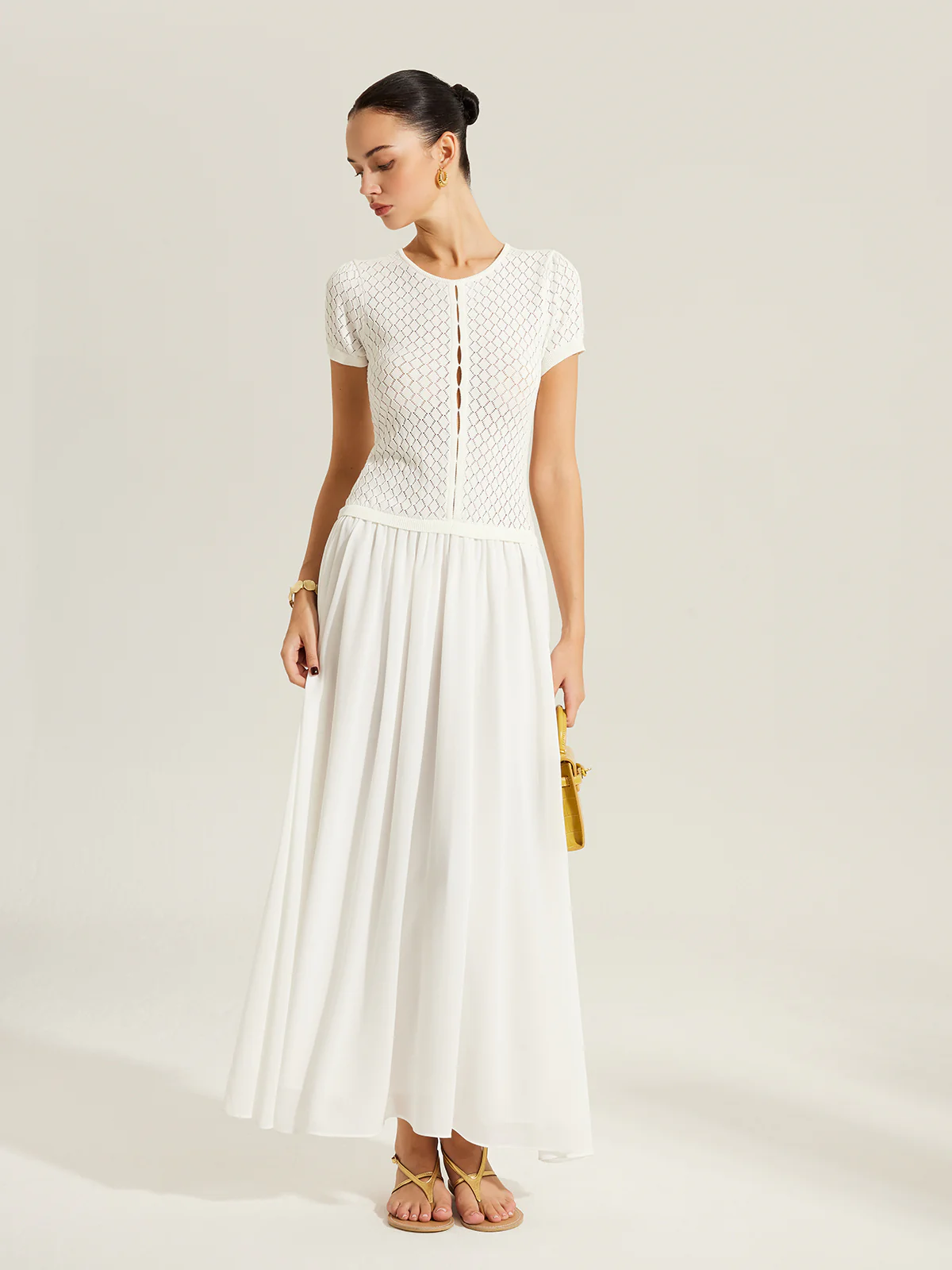 Sheer-Panel Button-Front Knit Dress - Takermore