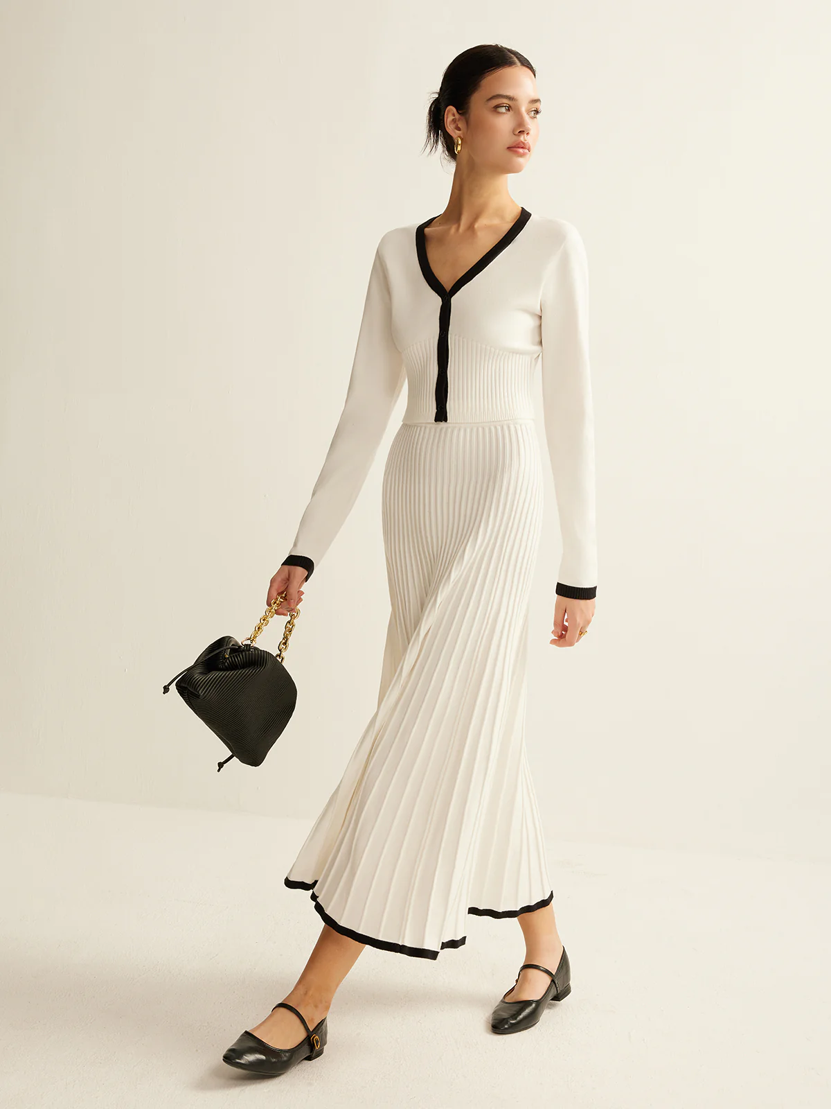 Contrast Trim Pleated Knit Skirt Set - Takermore