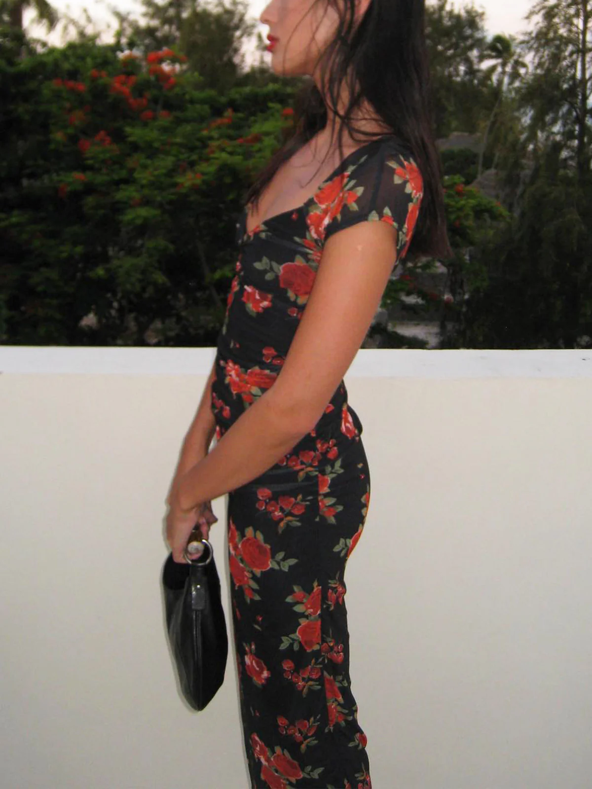 Semi-Sheer Floral Print Ruched Side Midi Dress - Takermore