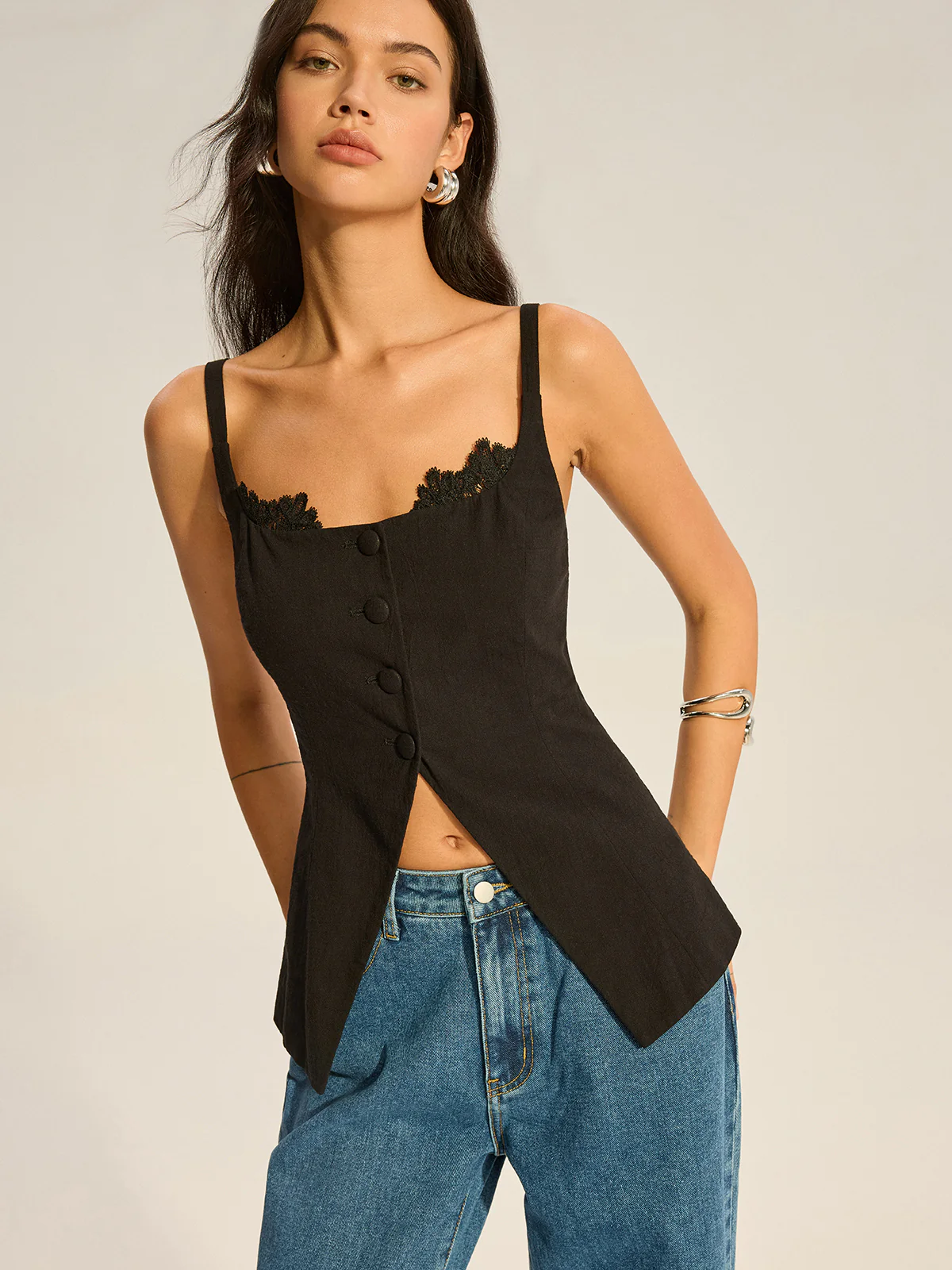 Lace-Trimmed Button Top with Slit - Takermore