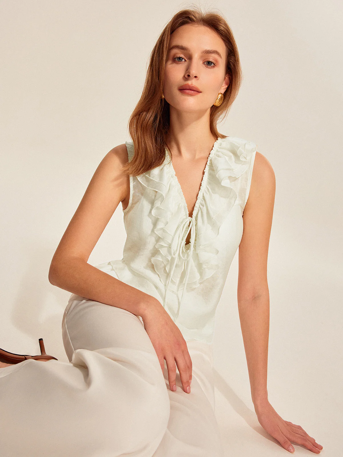 Semi-Sheer Ruffled Tie-Front Top - Takermore