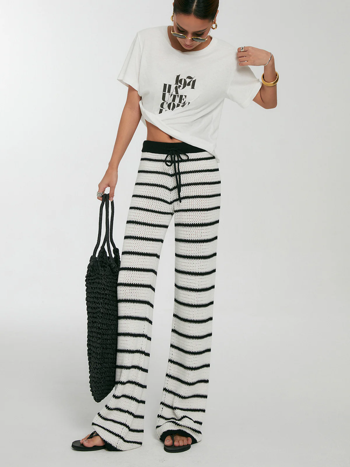 Striped Drawstring Knit Pants - Takermore