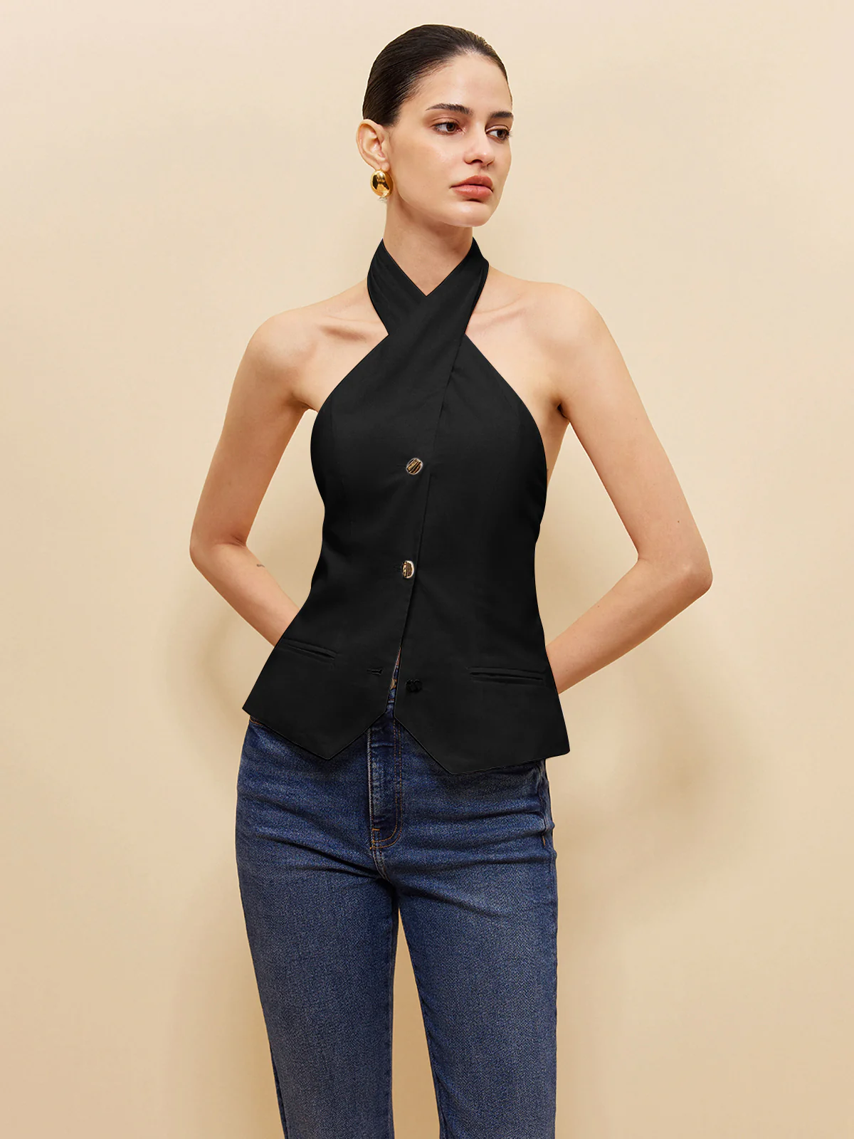 Linen & Cotton Cross Halter Top - Takermore