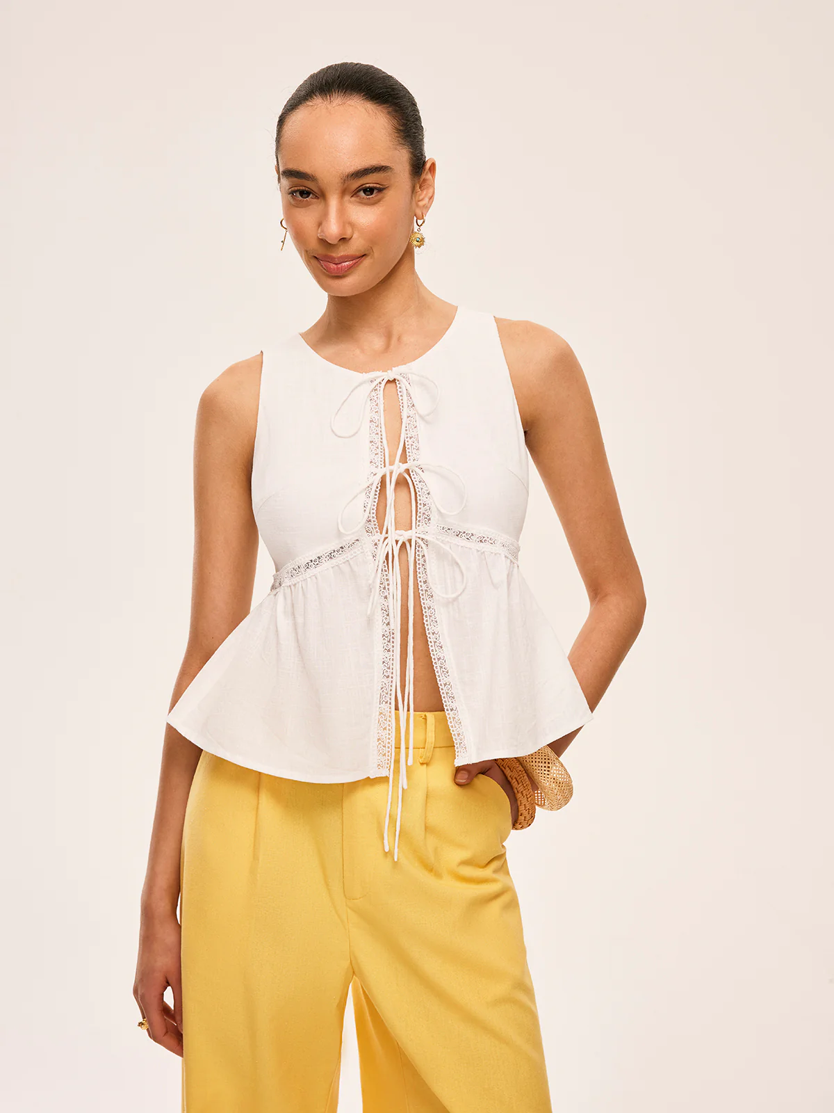 Cotton Lace-Up Detail Semi-Sheer Top - Takermore