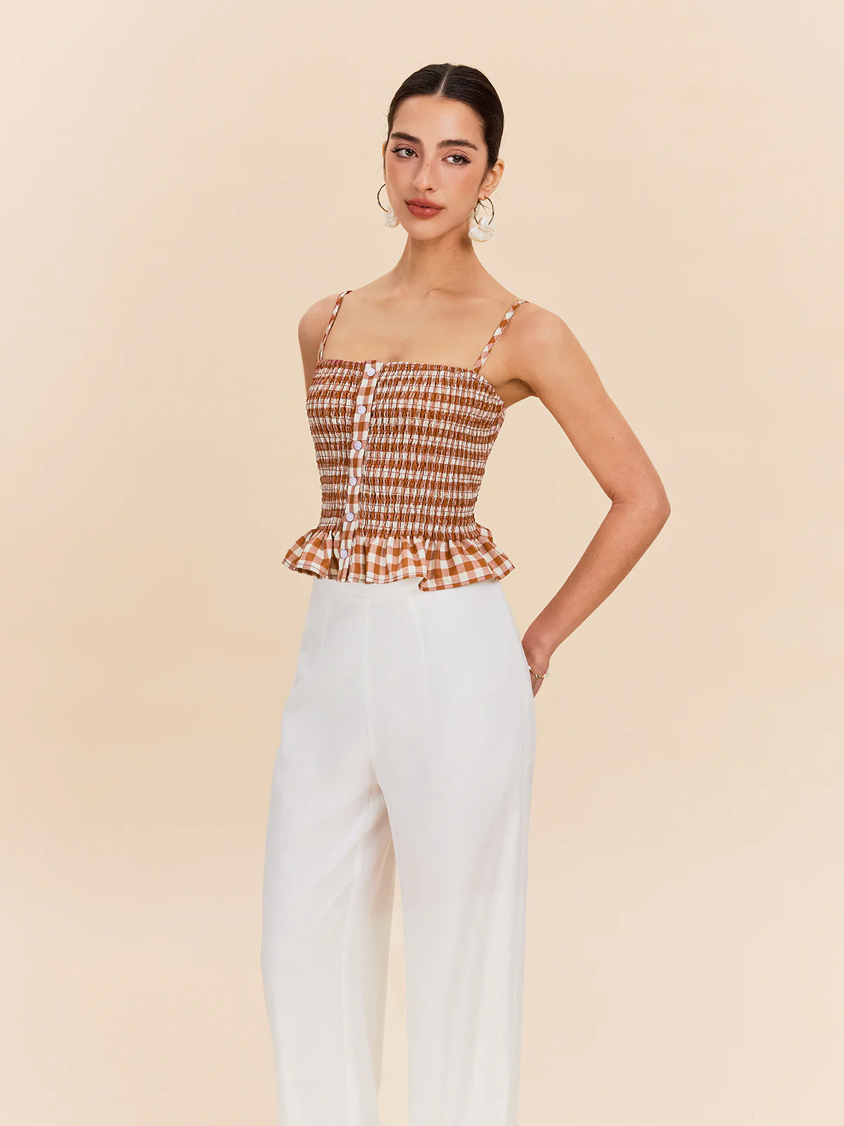 Gingham Smocked Peplum Cami Top - Takermore