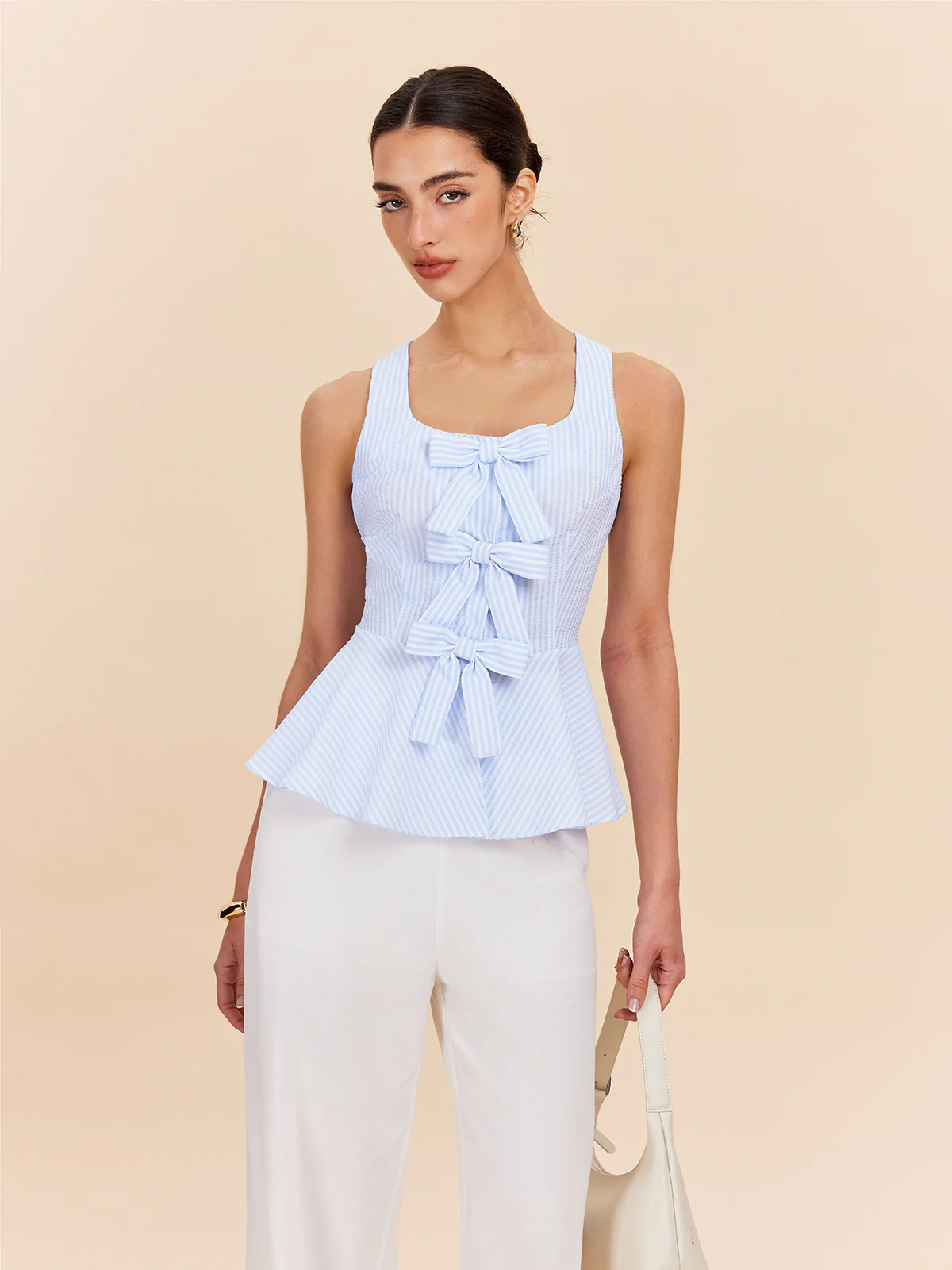 Striped Peplum Top With Bow Details - Takermore