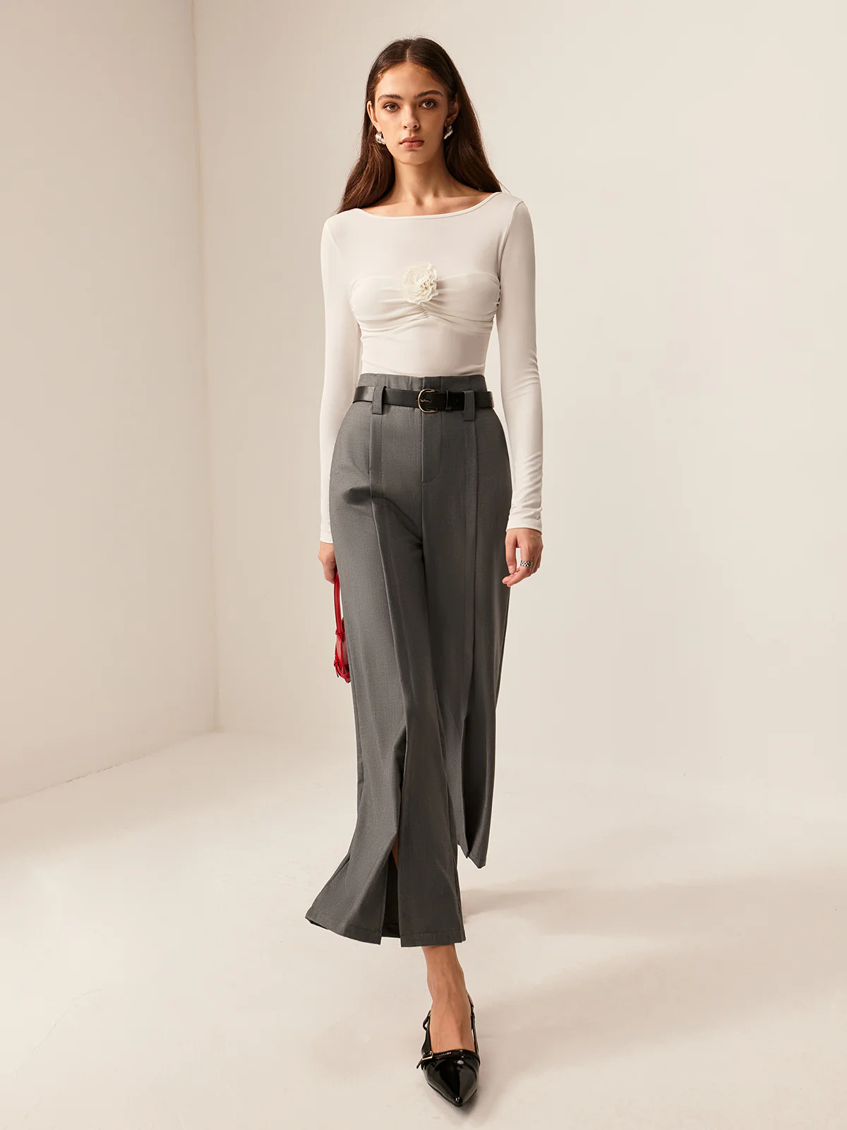 3D Flower Pleated Long Sleeve T-Shirt - Takermore