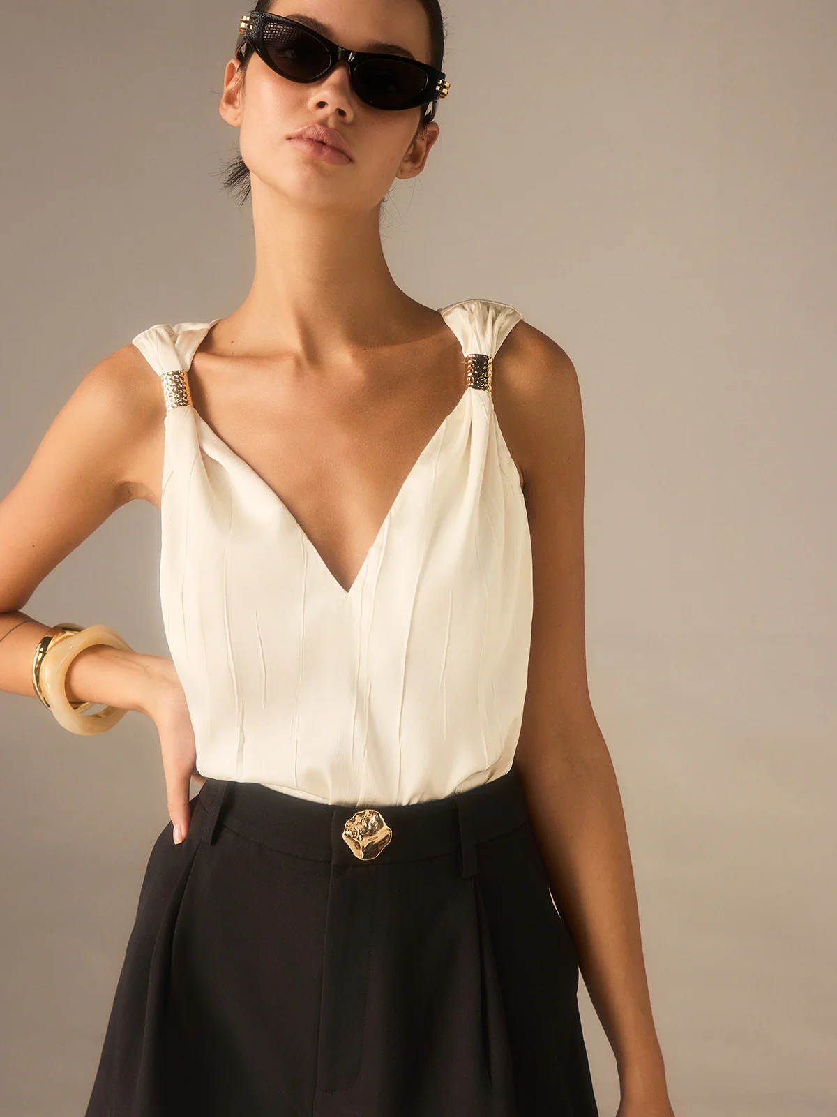 Satin Twist-Strap V-Neck Top with Metal Detail - Takermore