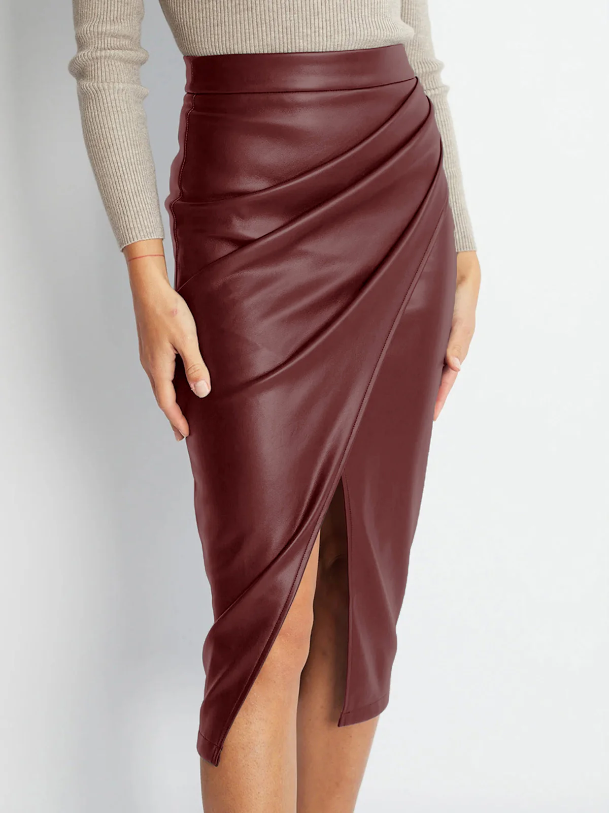 Pleated Split PU Leather Skirt - Takermore