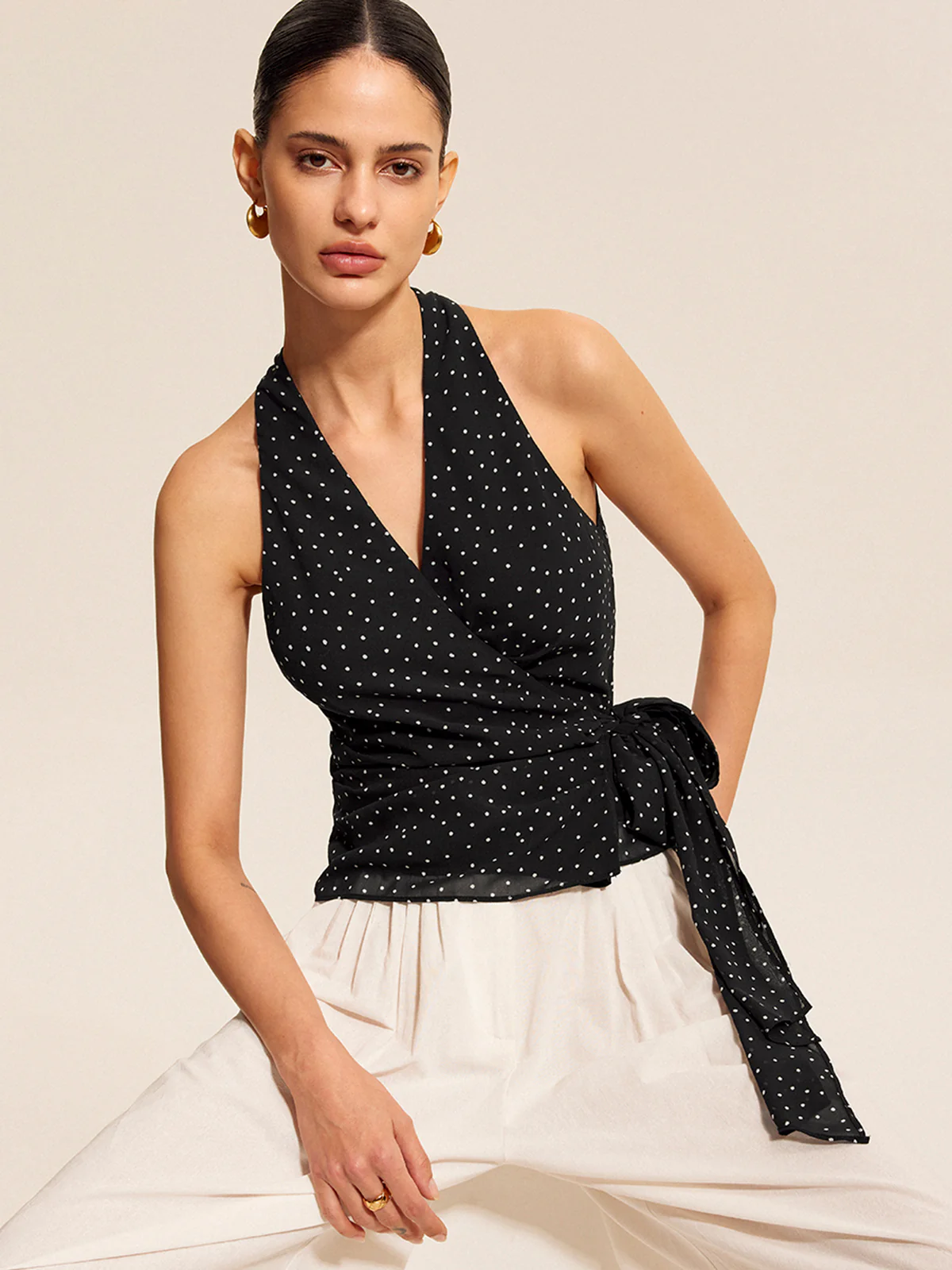 Polka Dot Wrap Tie Halter Top - Takermore