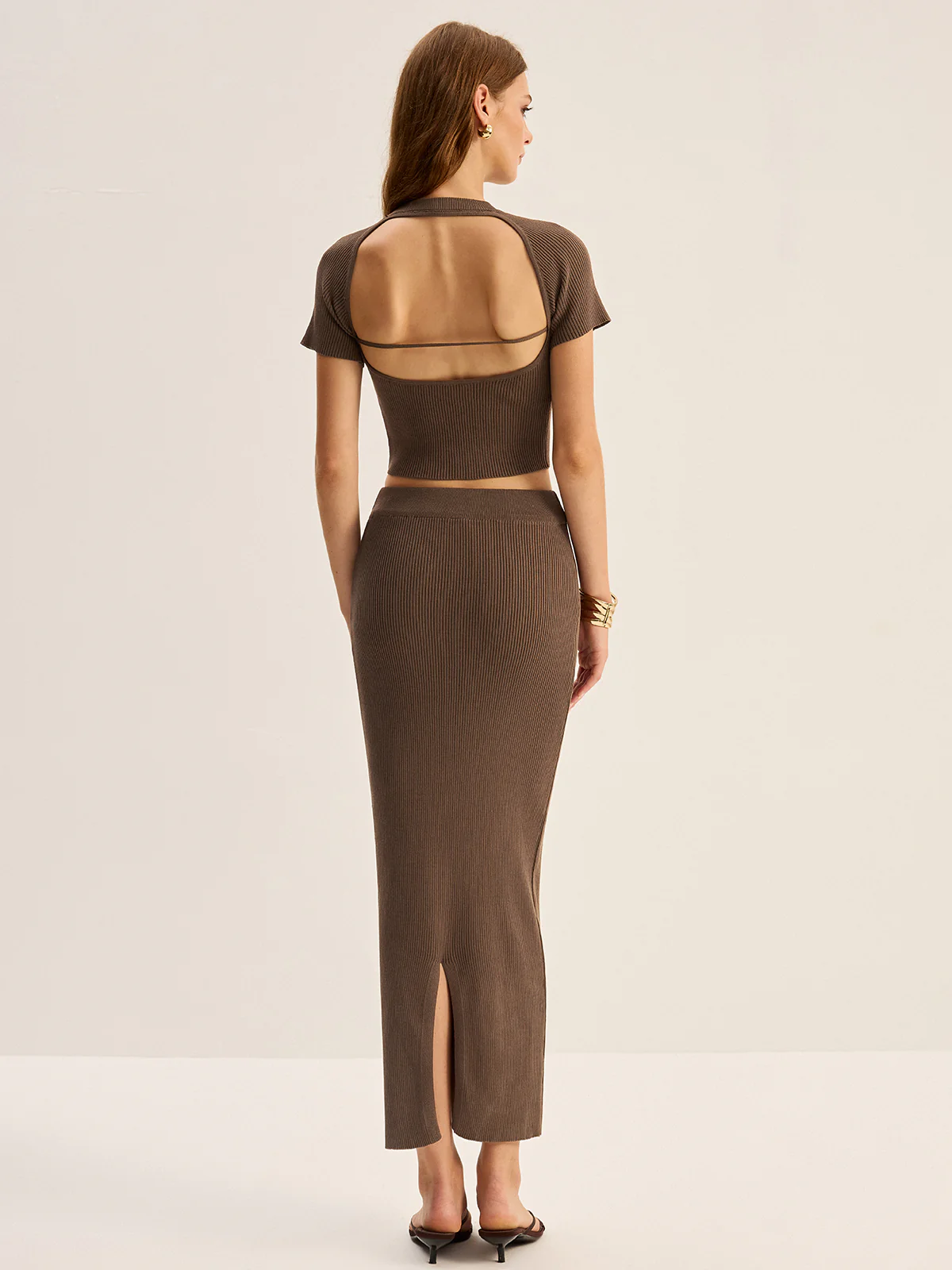 Knit Backless Short-Sleeve Top and Slit Midi Skirt Set - Takermore