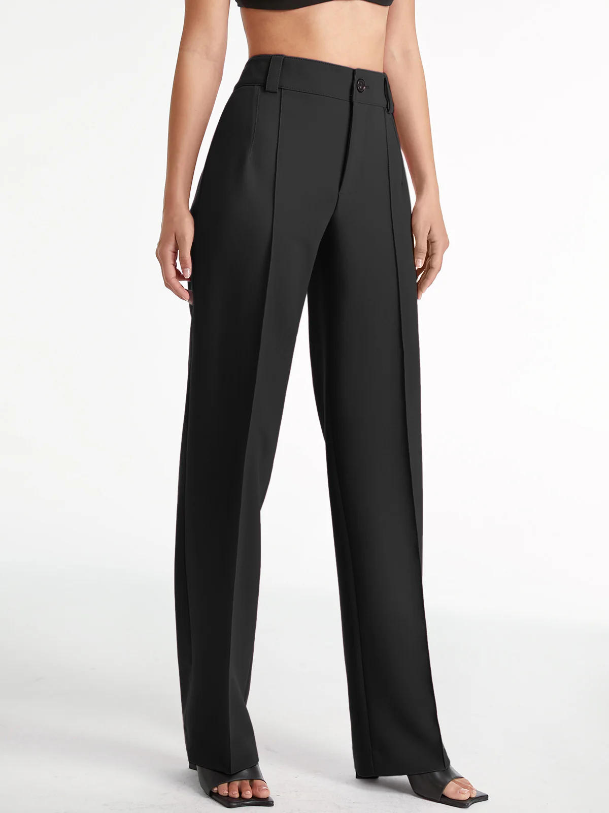 High Waisted Pleat Front Solid Colored Straight Leg Trousers - Takermore