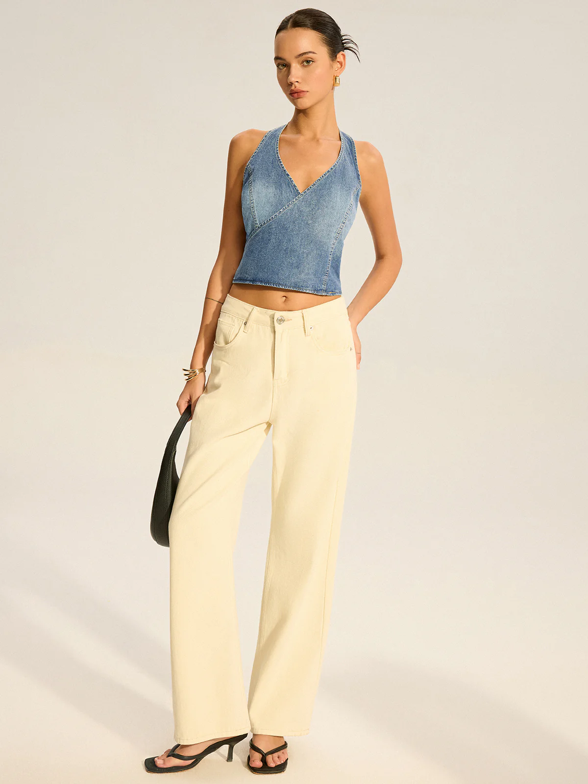 Denim Halter-Neck Wrap Top with Back Bow Detail - Takermore