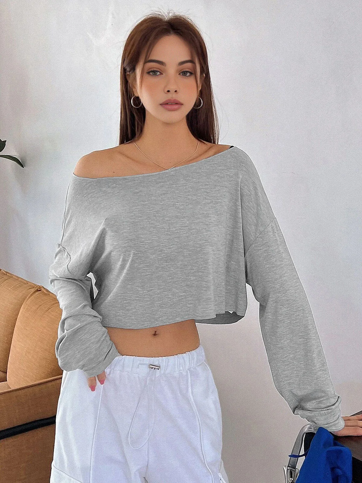 Casual Off-Shoulder Long Sleeve Short T-Shirt - Takermore