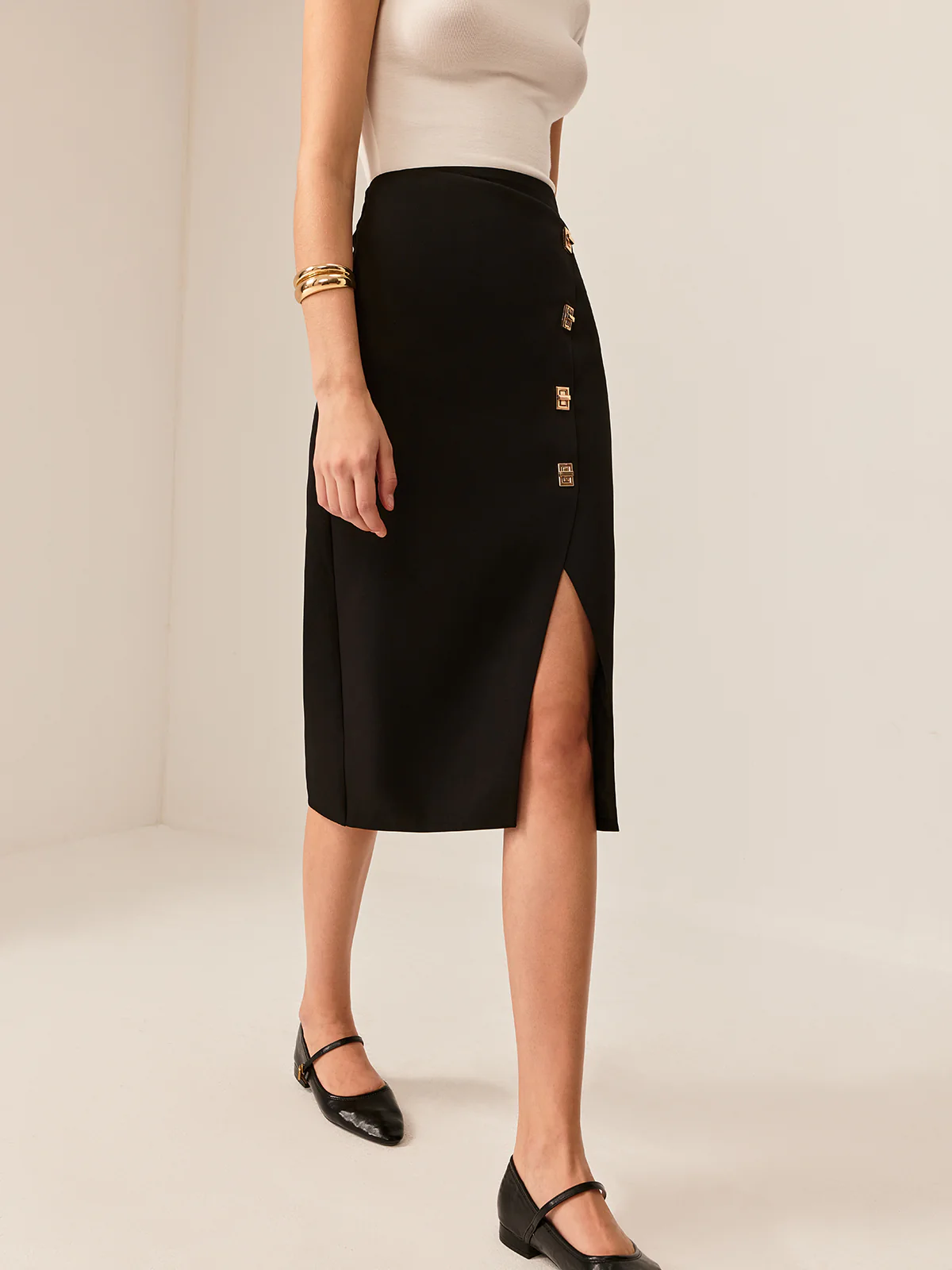 Metal-Detail Split Midi Skirt - Takermore
