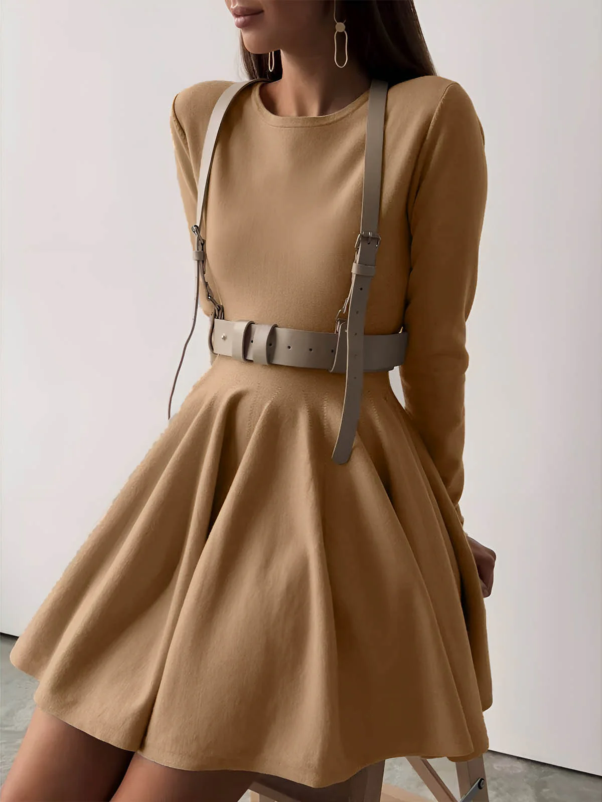 Plain Pleated Sweater Short Dress - Takermore