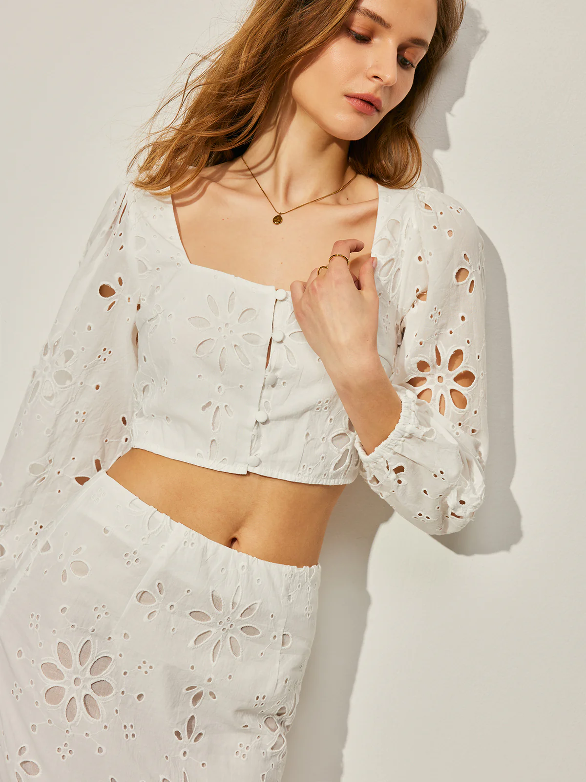 Cotton Hollow Floral Skirt Set - Takermore