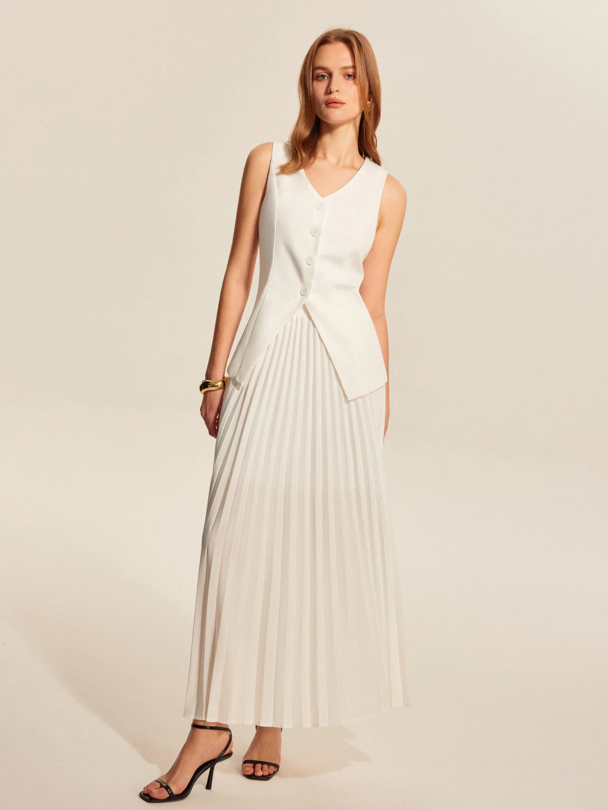 Buttoned Vest Pleated Skirt Set - Takermore