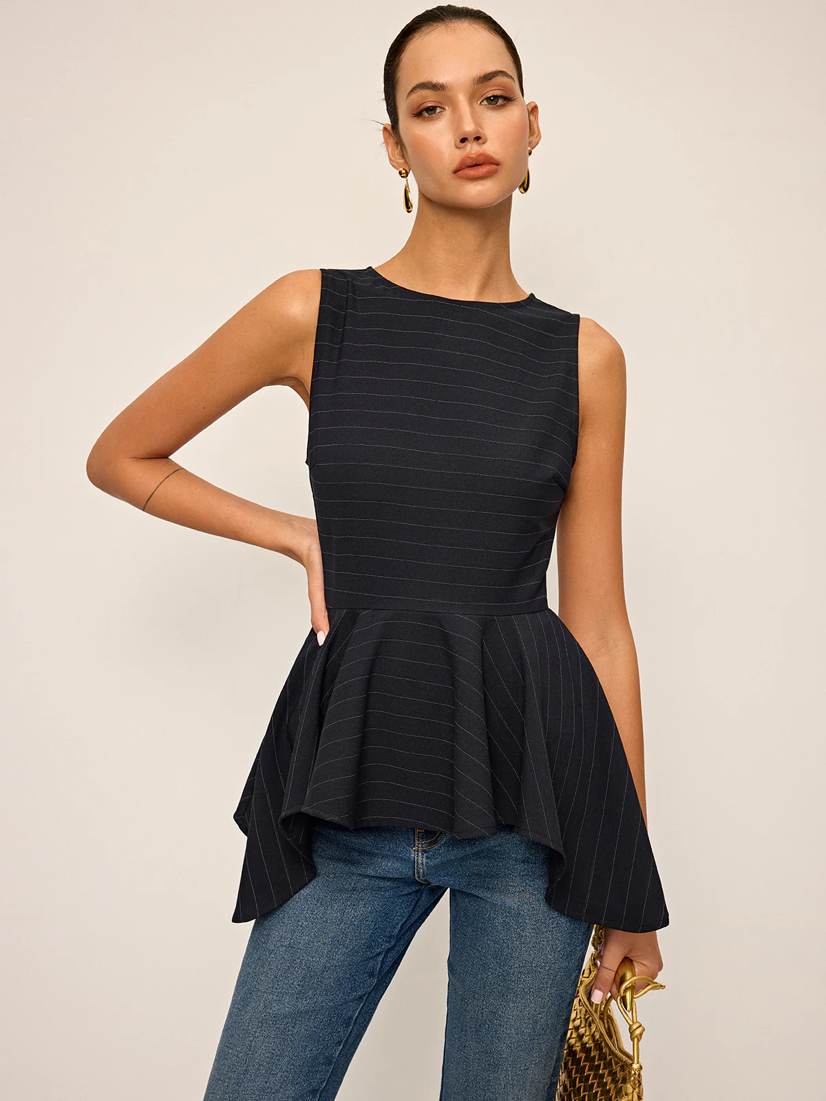 Striped Peplum Hem Sleeveless Top - Takermore
