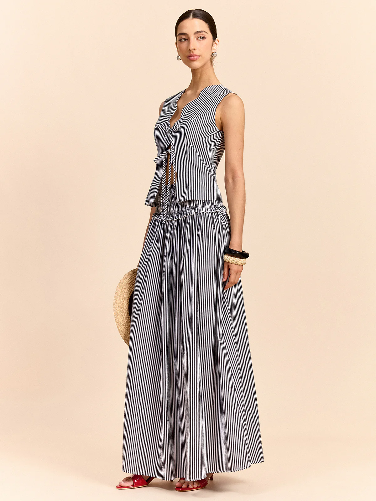 Striped Skirt Set with Tie-Front Top - Takermore