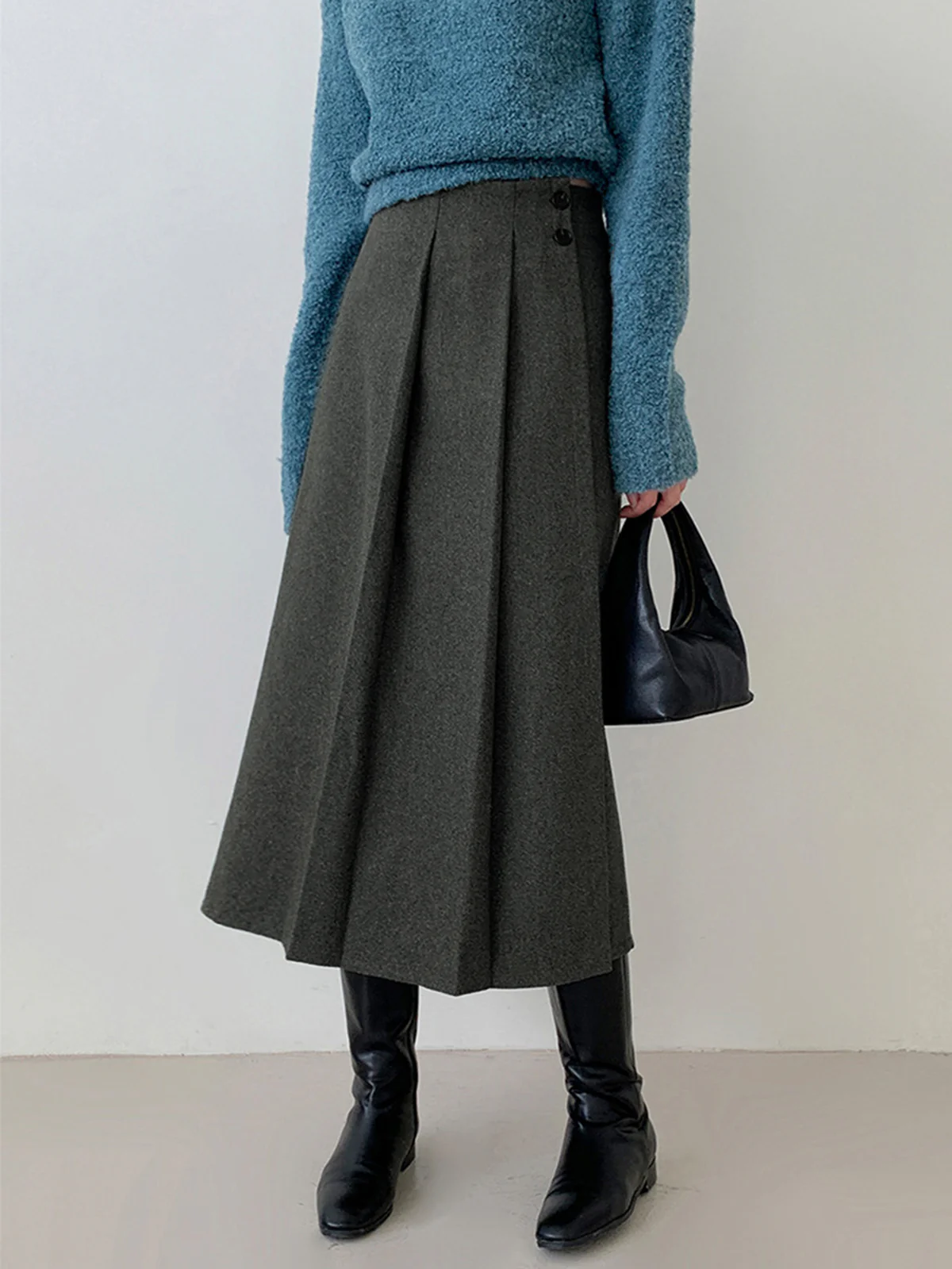 Tweed Pleated Button Midi Skirt - Takermore