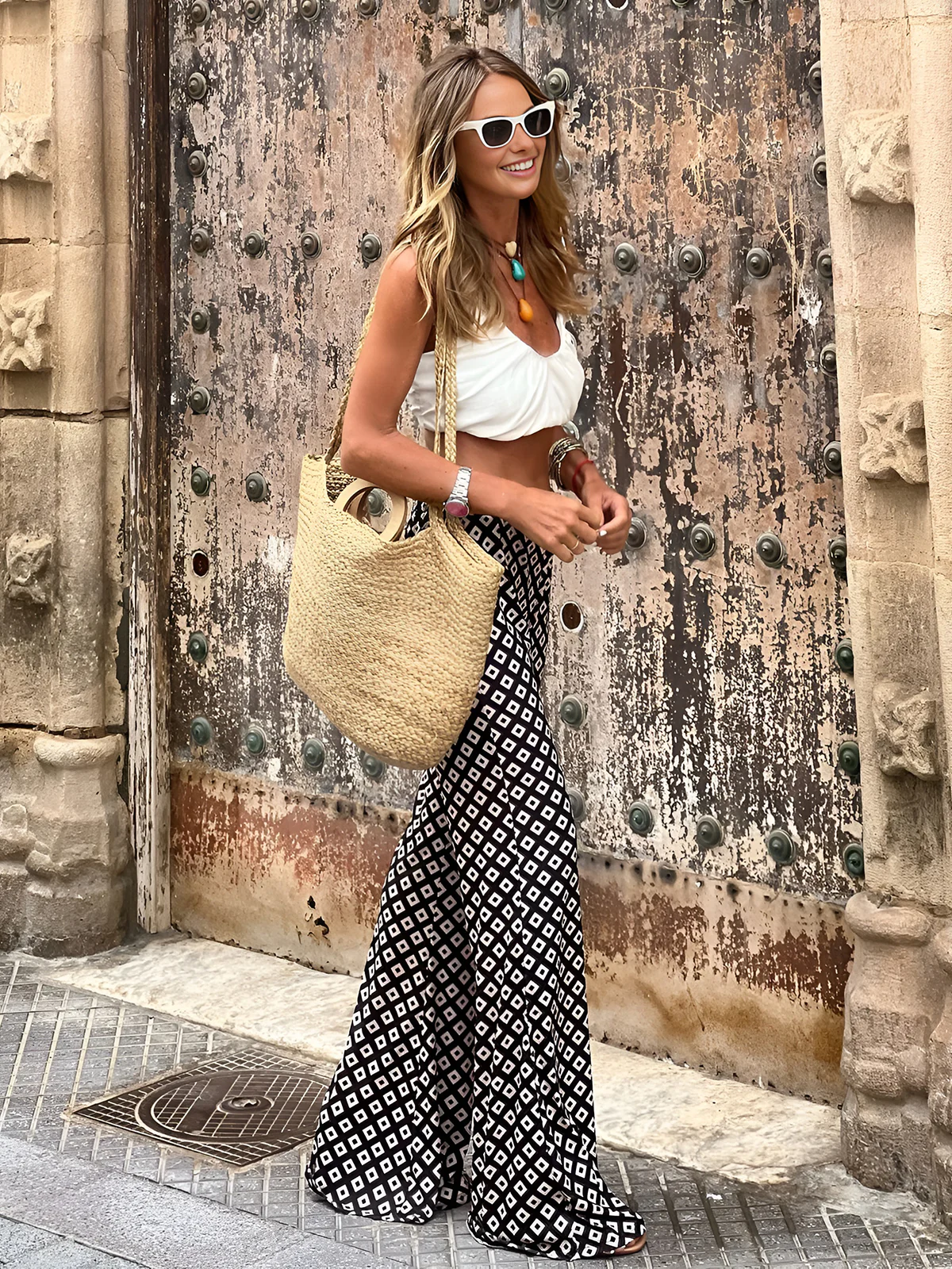 Geometrical Print Flare Pants - Takermore