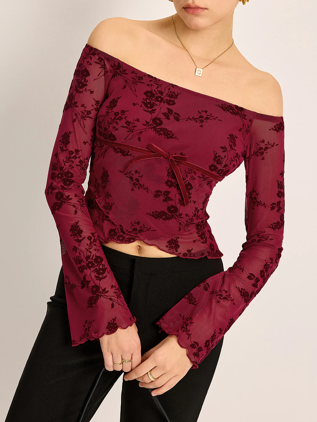 Off-Shoulder Floral Print Semi-Sheer T-Shirt - Takermore