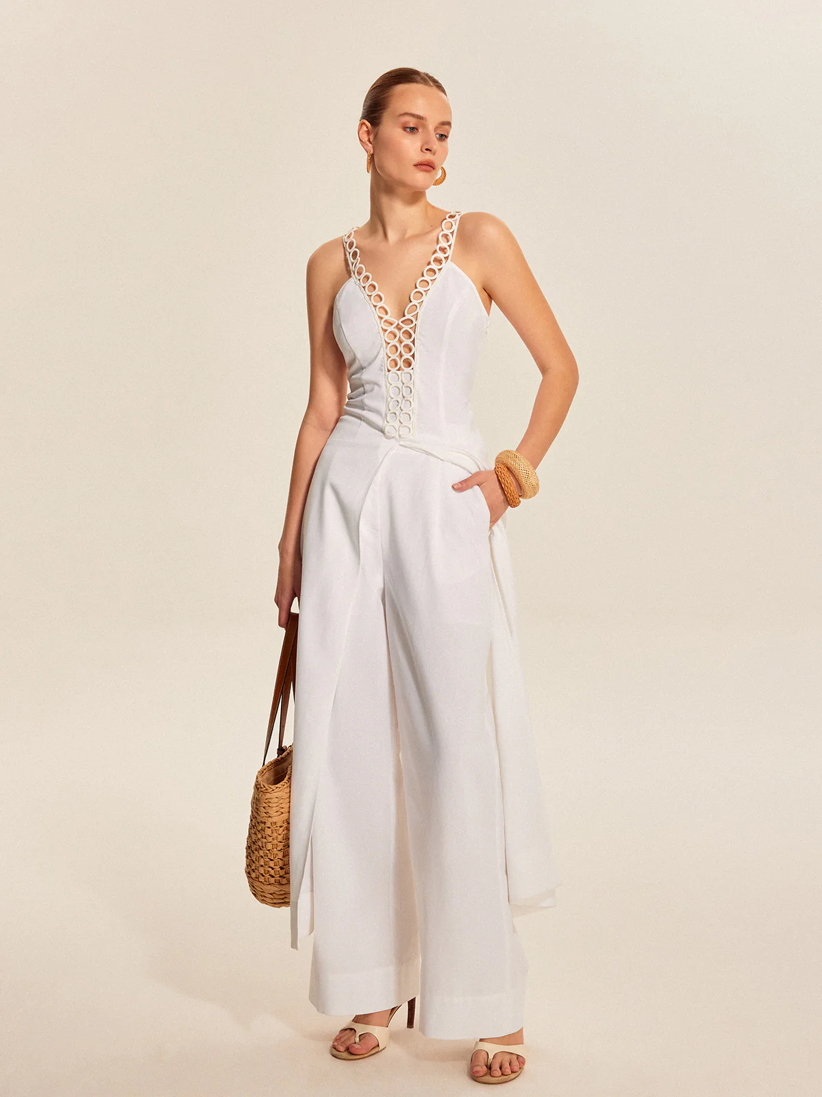 Hollow-Out Lace-Up V-Neck Top - Takermore