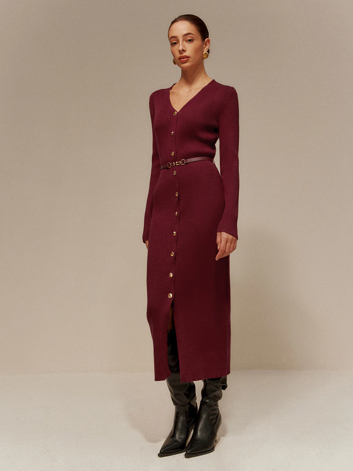 V-Neck Breasted Belted Sweater Long Dress - Takermore