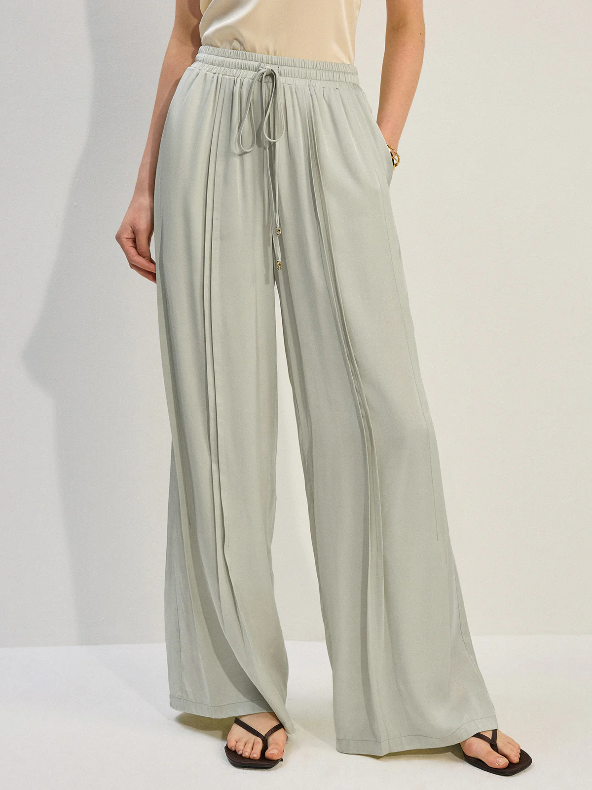 Tencel Rayon Satin Wide-Leg Pants with Pleats - Takermore