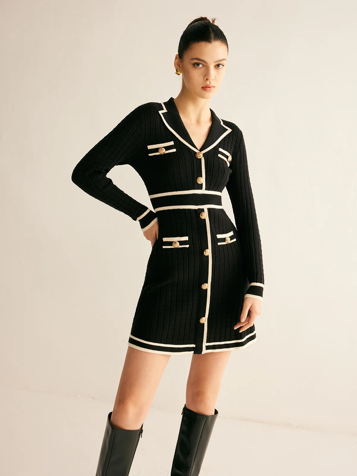 Contrast Binding Lapel Sweater Dress - Takermore