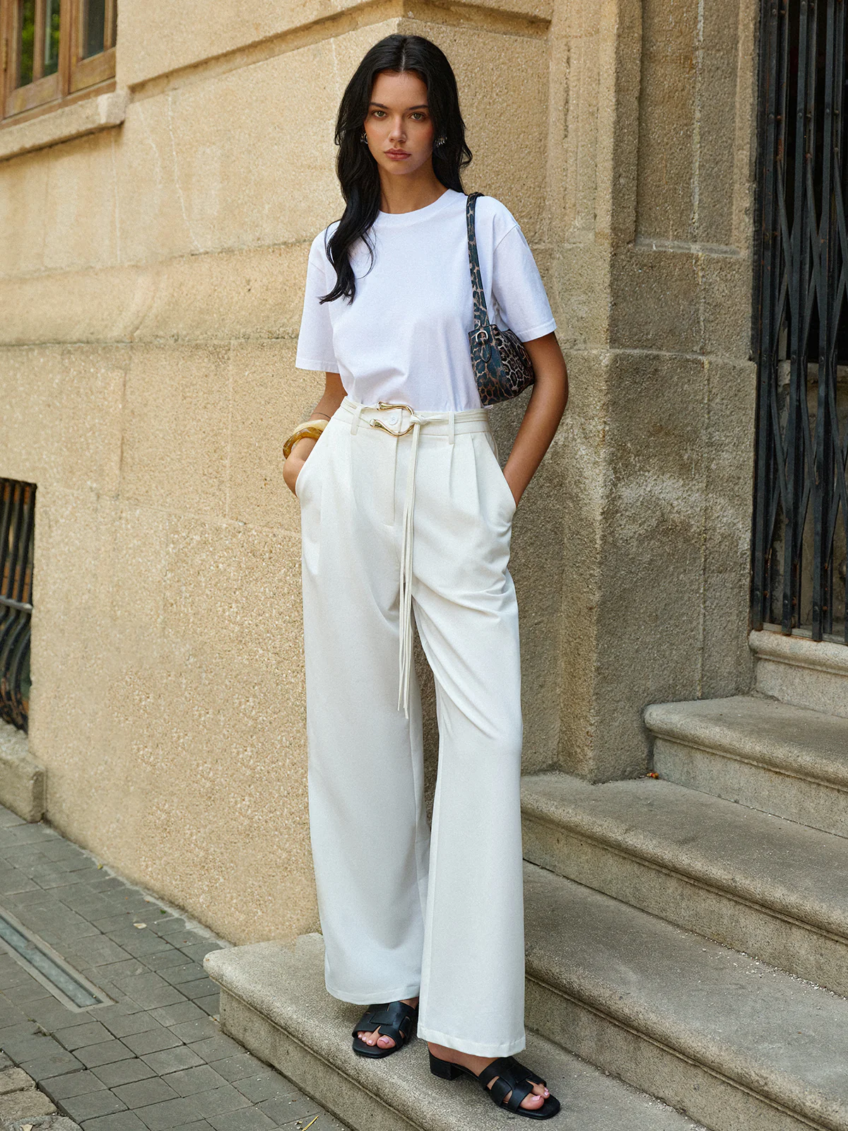 Belted High-Waisted Wide-Leg Pants - Takermore