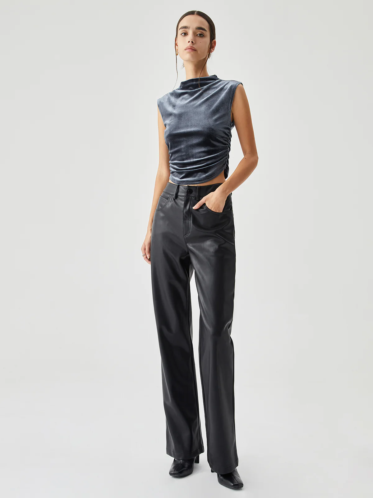 Velvet Draped Mock Neck Sleeveless Crop Top - Takermore