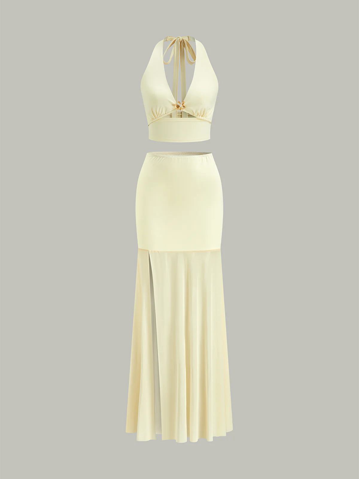 Halter Neck Crop Top and Mesh Paneled Skirt Set - Takermore