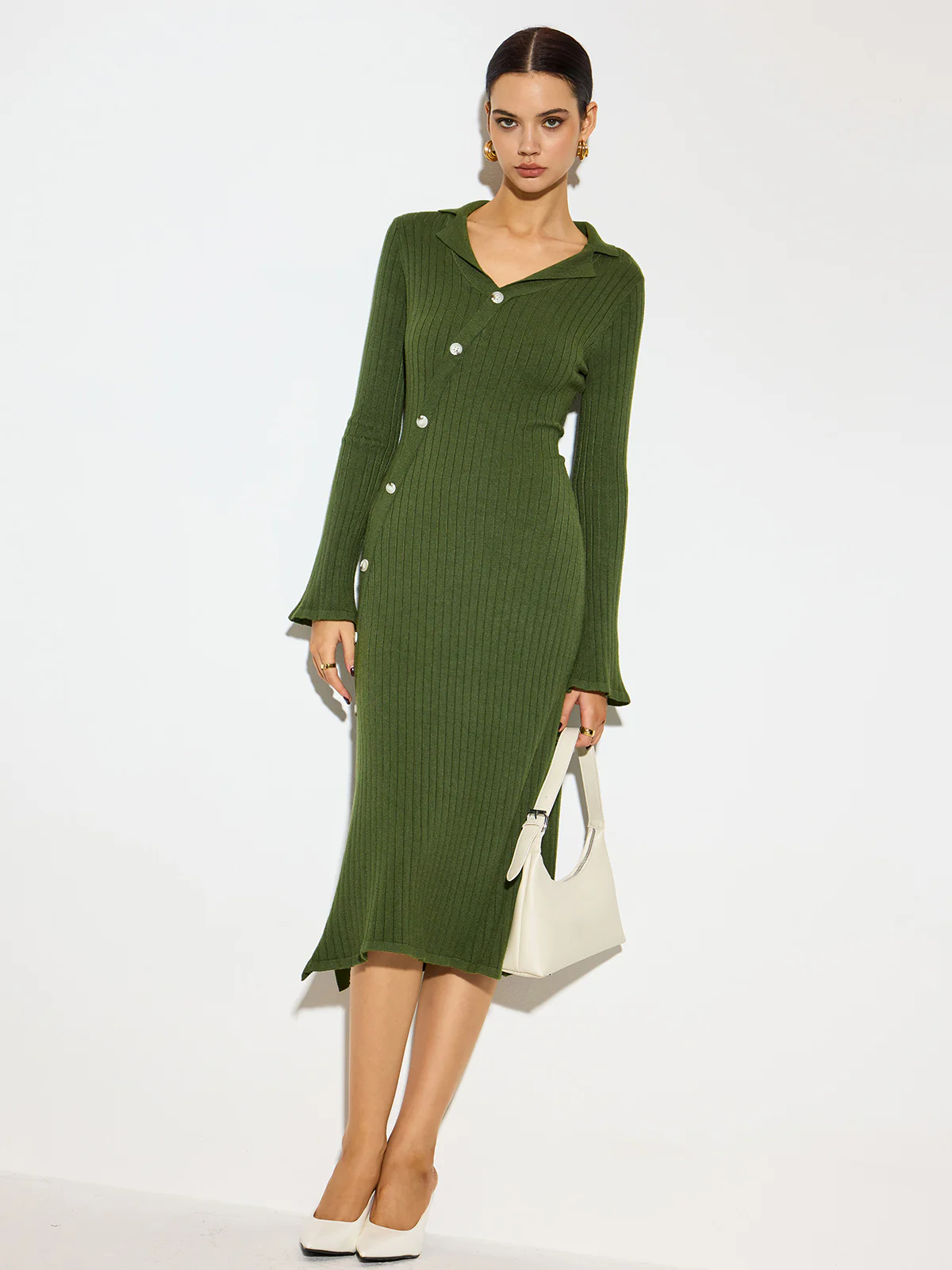 V-Neck Lapel Sweater Midi Dress - Takermore