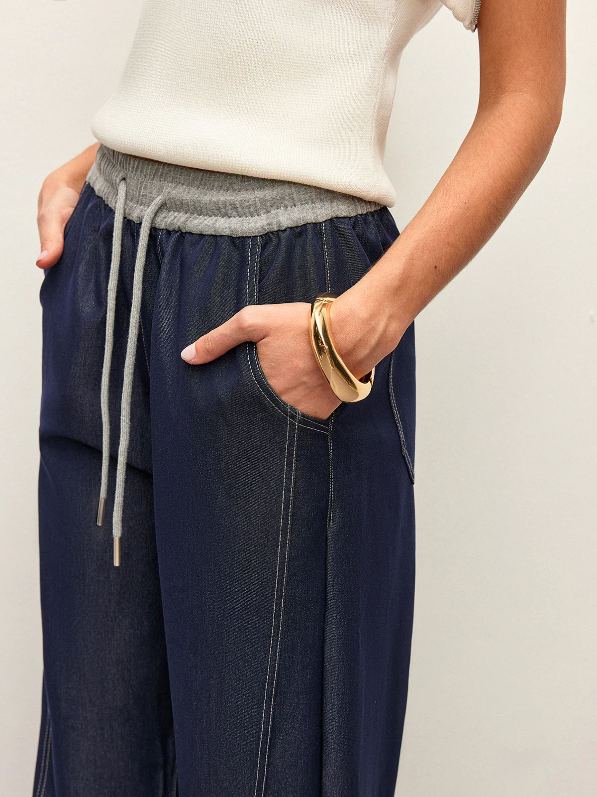 High-Waist Drawstring Denim Pants With Pockets - Takermore