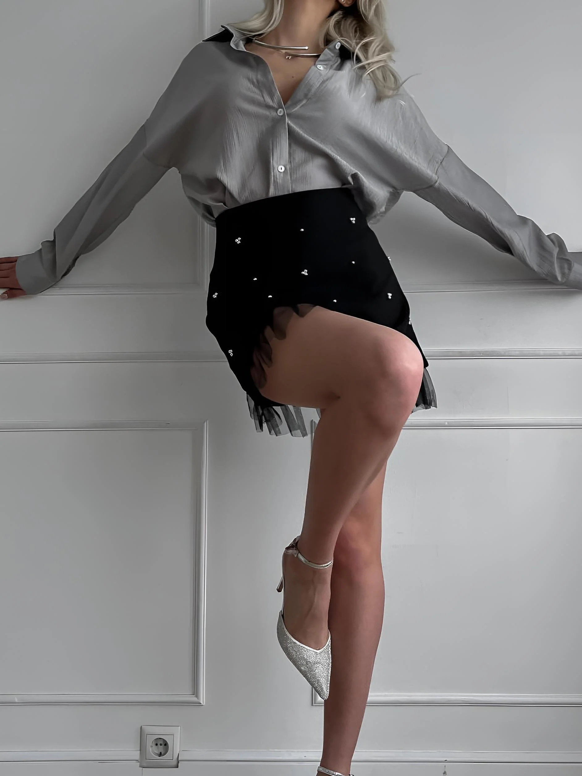 Beaded Tulle Trim A Line Skirt - Takermore