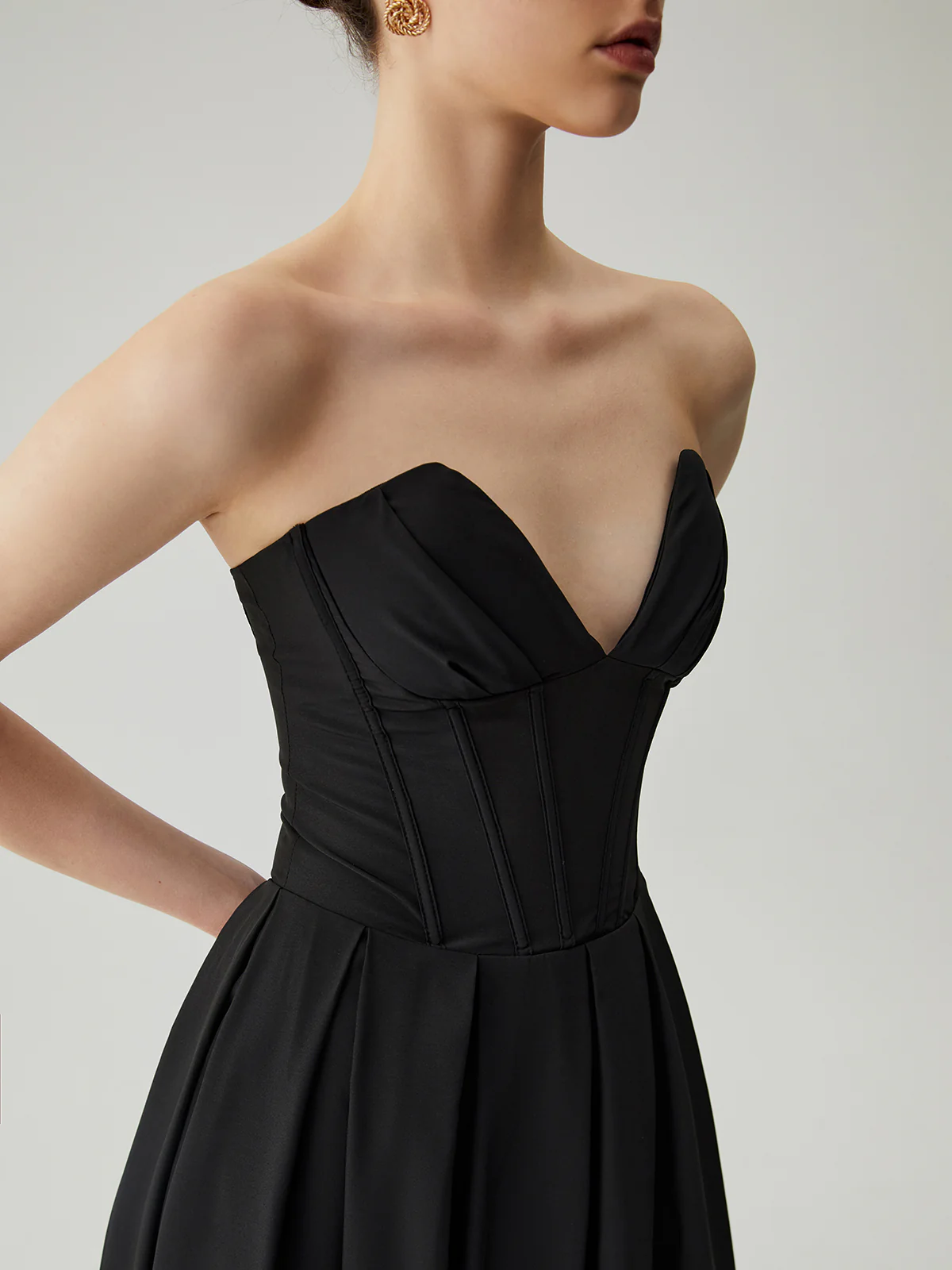 Double Pockets Pleated Zip Corset Tube Midi Dress - Takermore