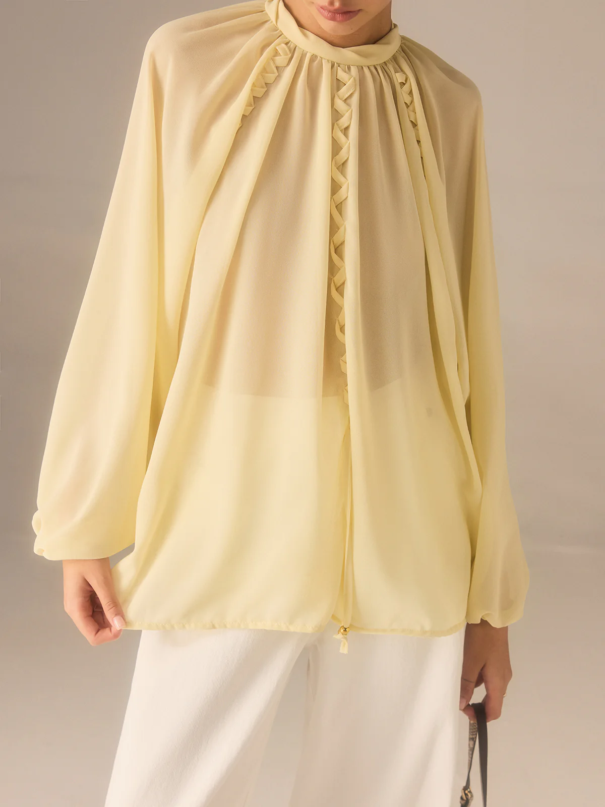 Semi-Sheer Chiffon Stand Collar Blouse with Braided Detail - Takermore