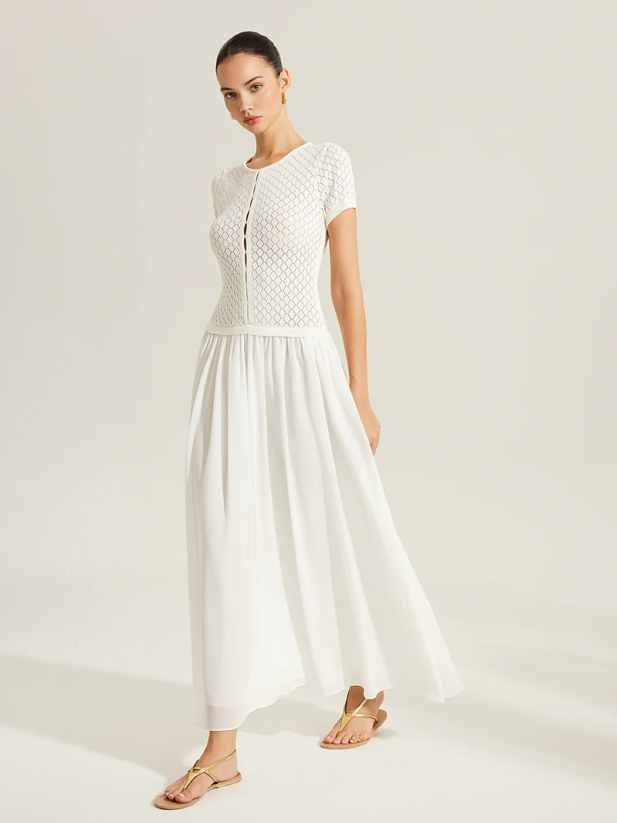 Sheer-Panel Button-Front Knit Dress - Takermore