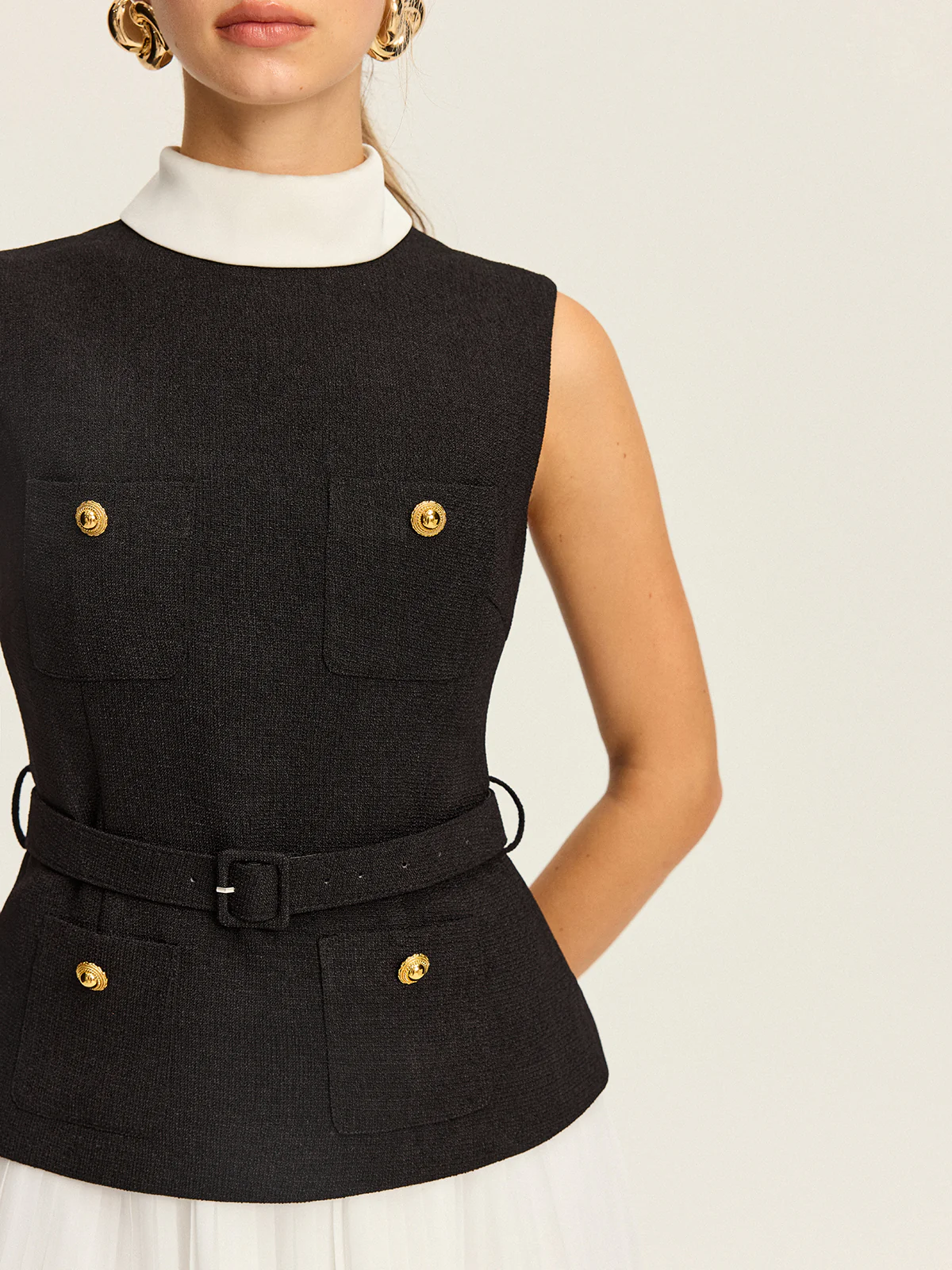 Sleeveless Belted Vest and Pleated Skirt Set - Takermore