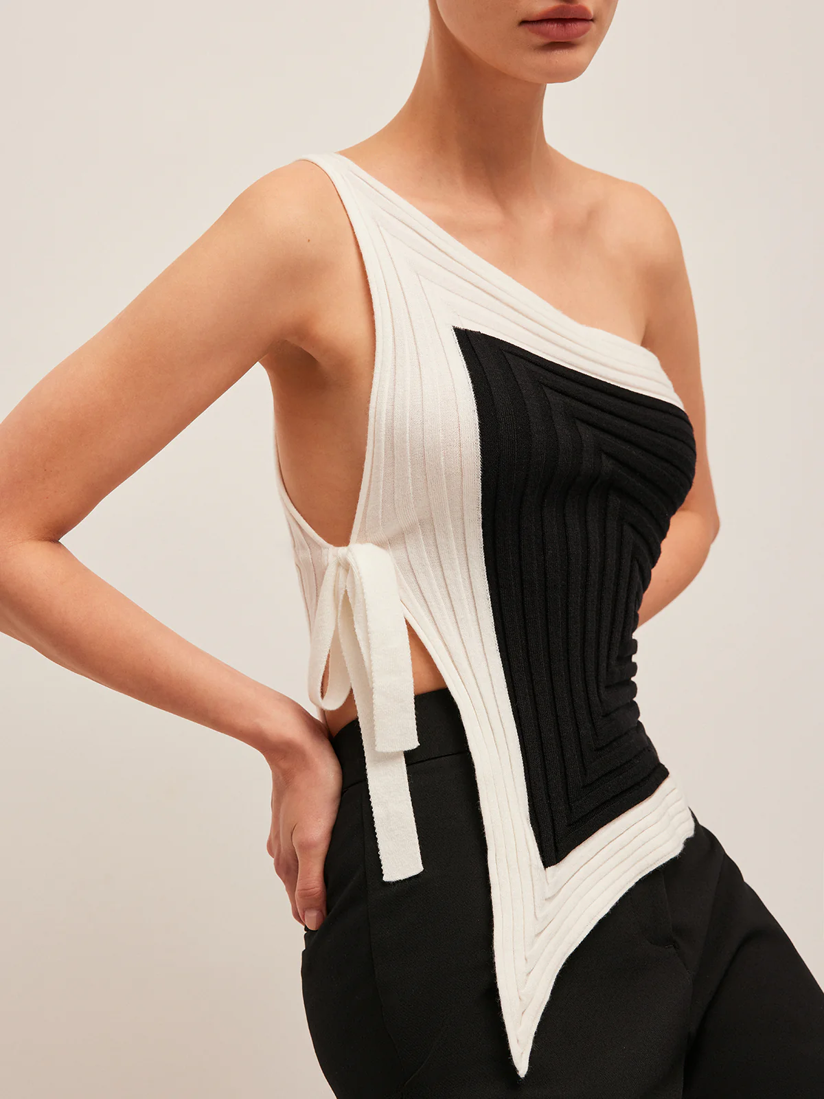 Asymmetrical Ribbed Side Tie Top - Takermore