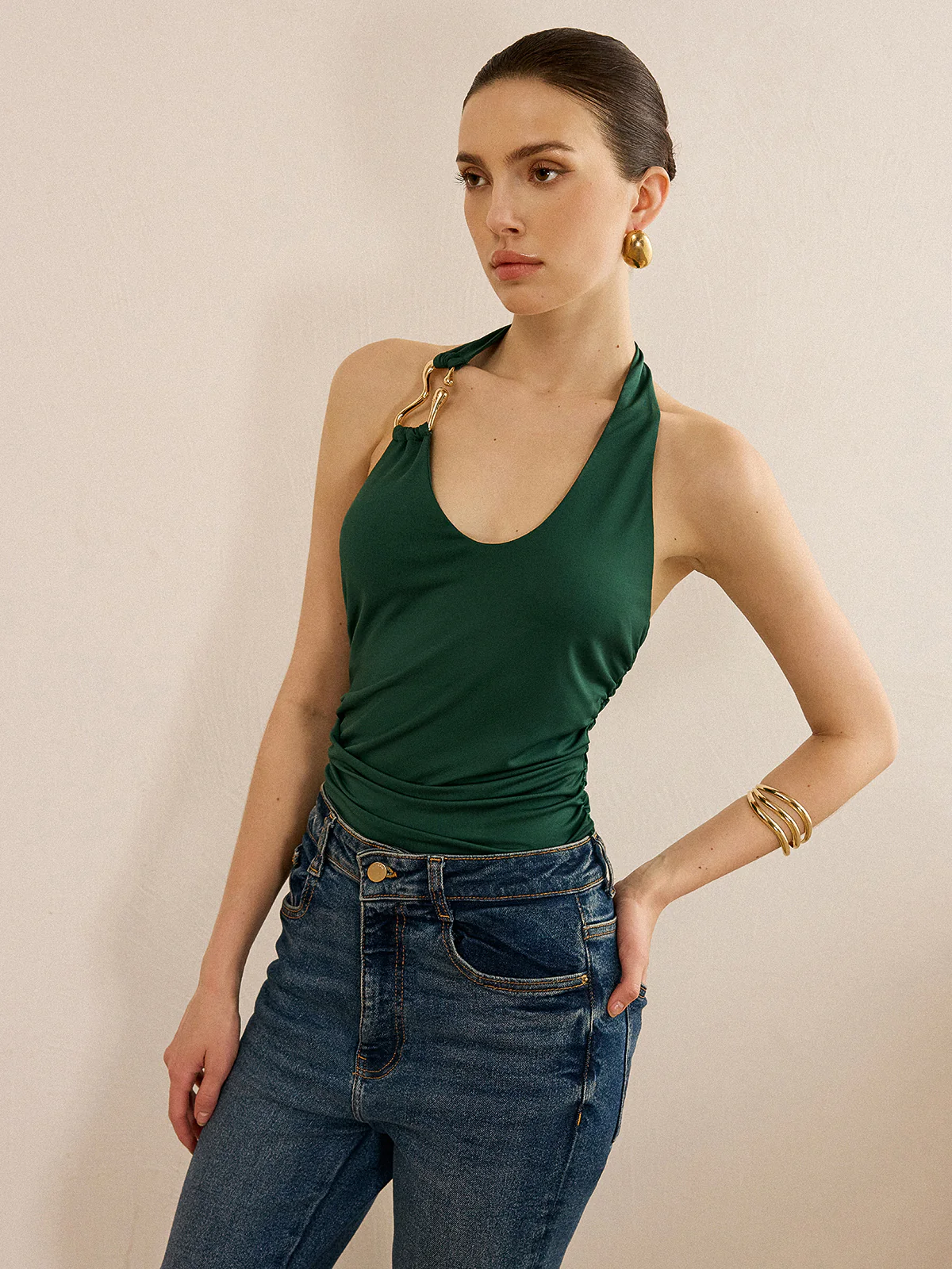 Metal Detailed Halter Neck Backless Top - Takermore