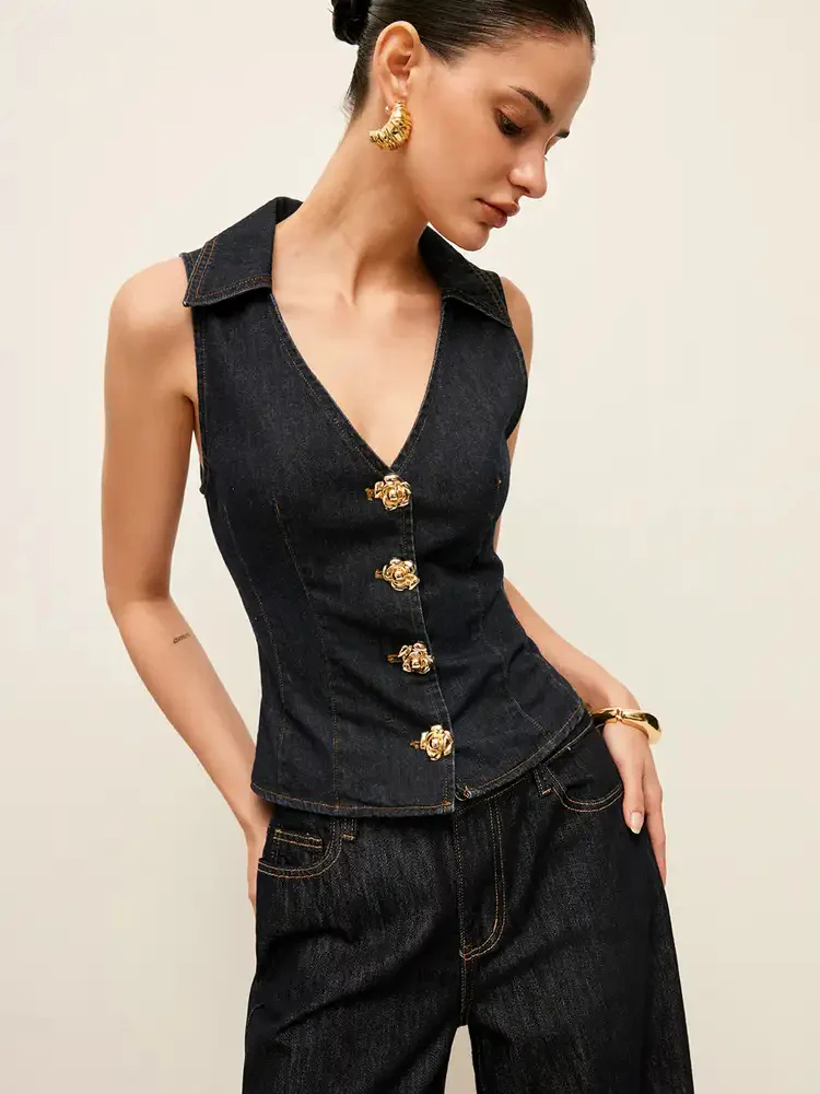 Denim Collared Vest With Floral Button Detail - Takermore