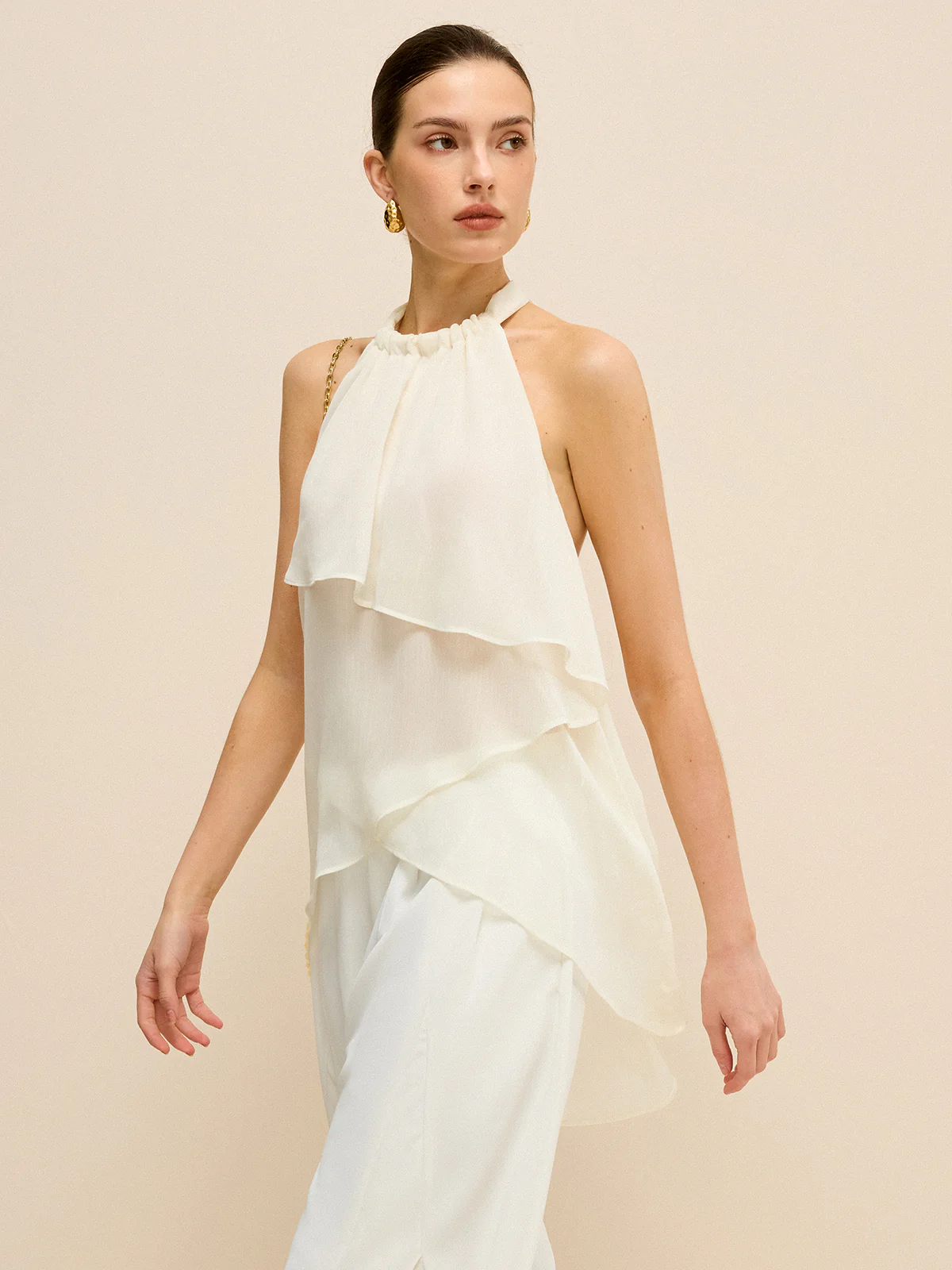 Semi-Sheer Layered Asymmetric Halter Chiffon Top - Takermore