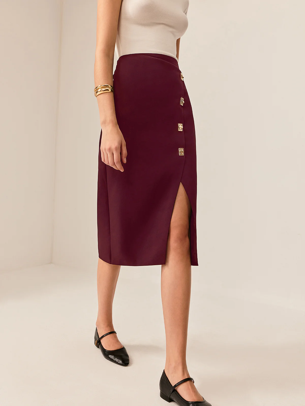 Metal-Detail Split Midi Skirt - Takermore